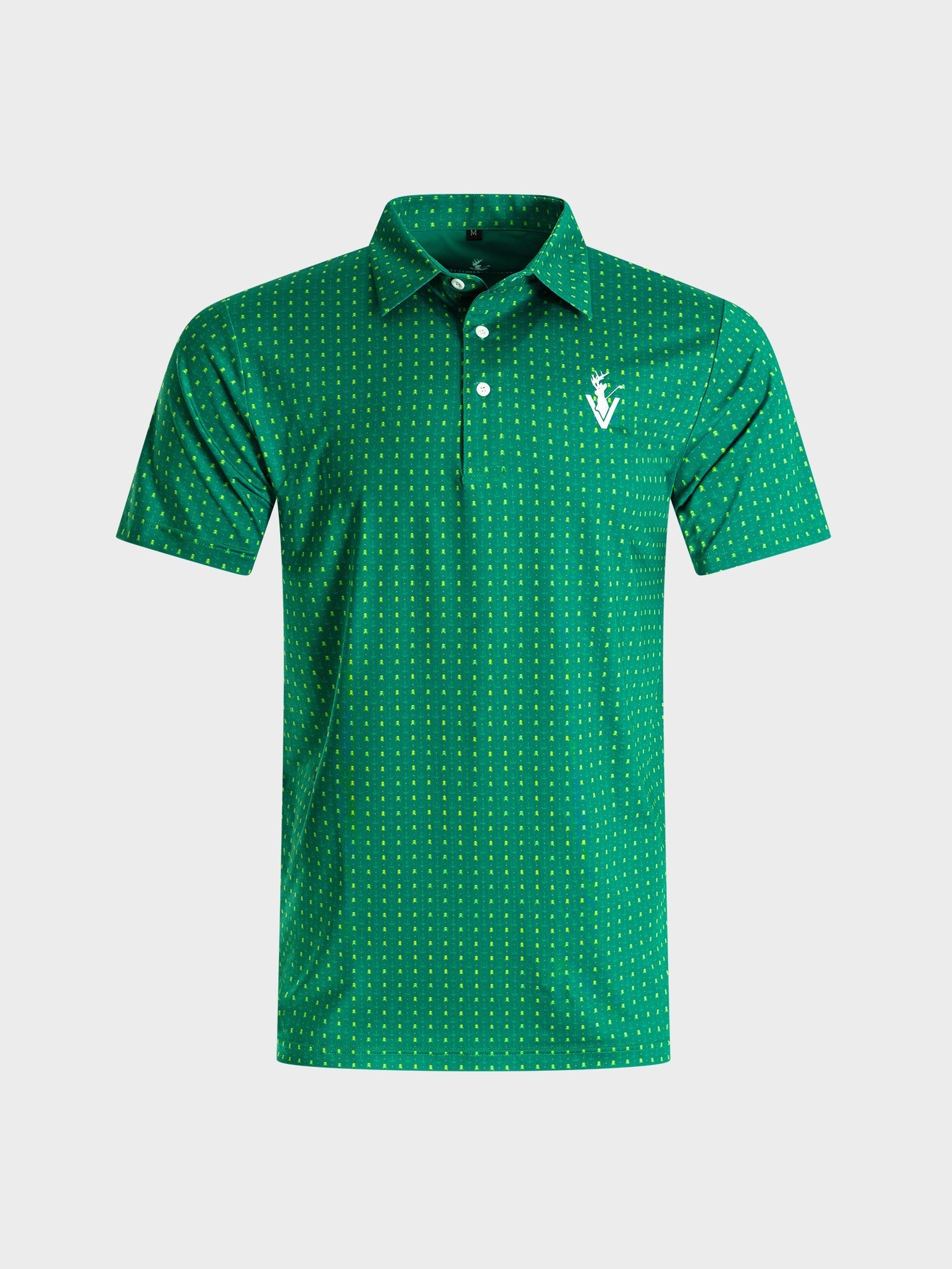 Skullzalea Golf Polo in green with yellow skull pattern inspired by azalea blooms and Augusta golf course