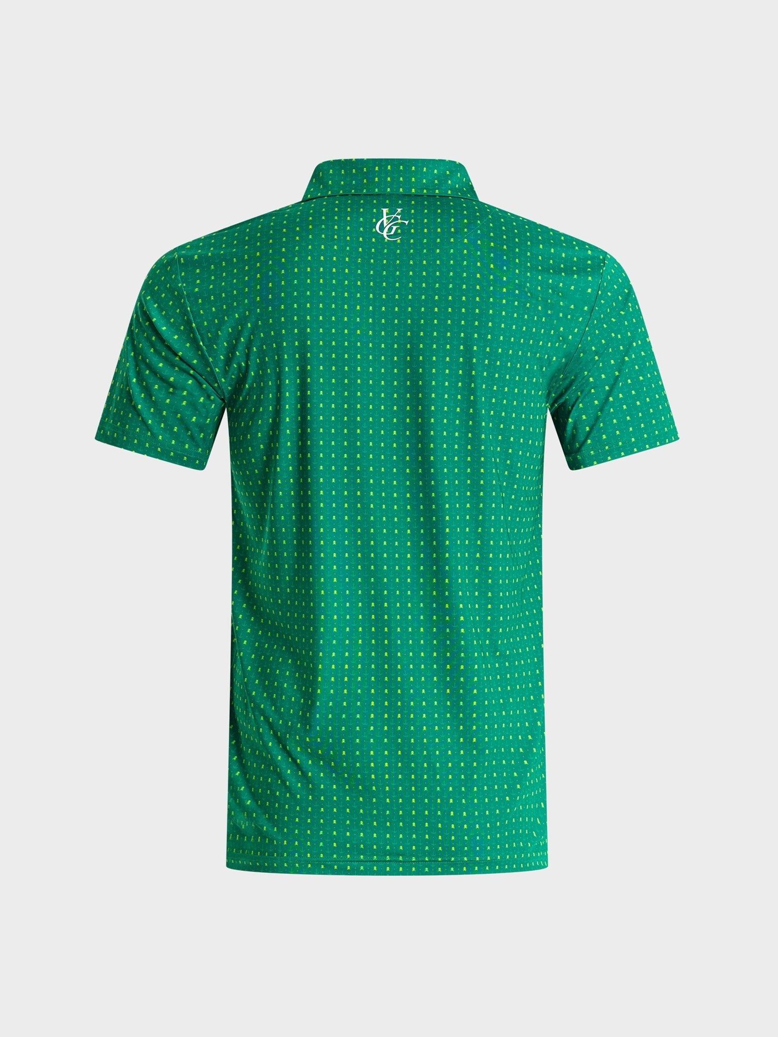 Back view of green and yellow Skullzalea Golf Polo with tiny skull pattern