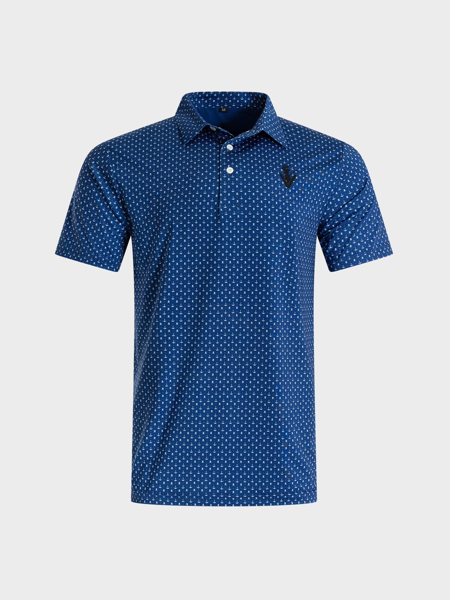 The Deadman polo by VittoriaGolfco in blue with white dot pattern and collar