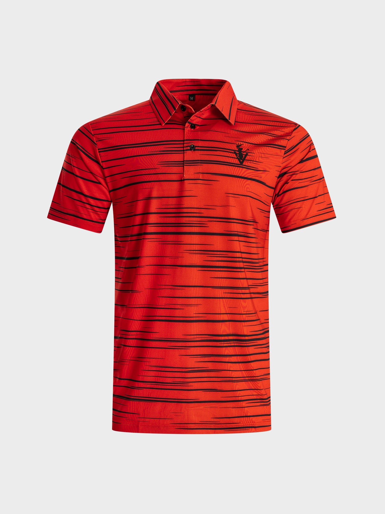 Red striped Sunday Polo shirt by VittoriaGolfCo with short sleeves and collar, designed for golf performance and style