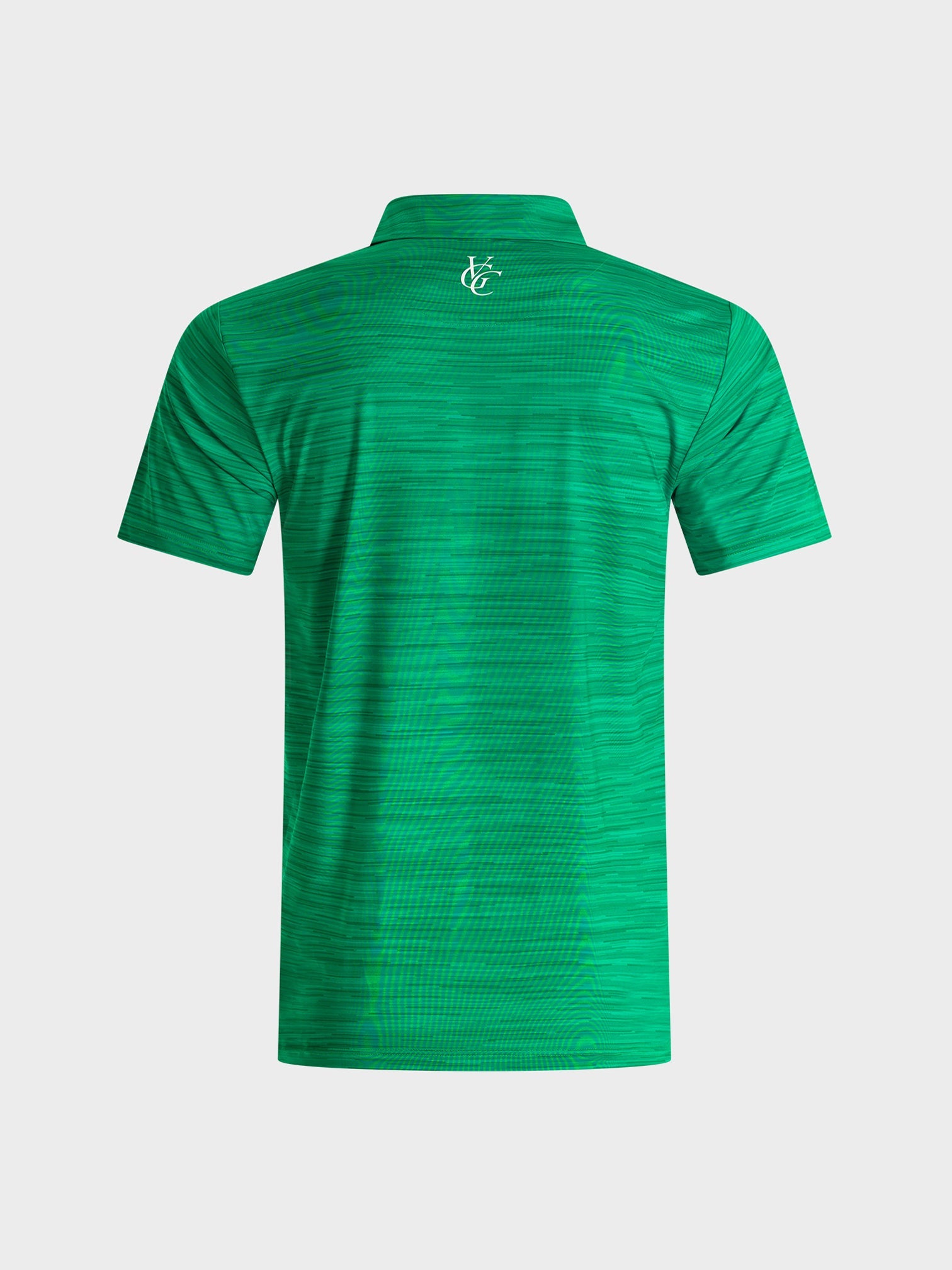 Green golf polo shirt "The Pasture" by VittoriaGolfco with subtle horizontal stripe pattern viewed from the back