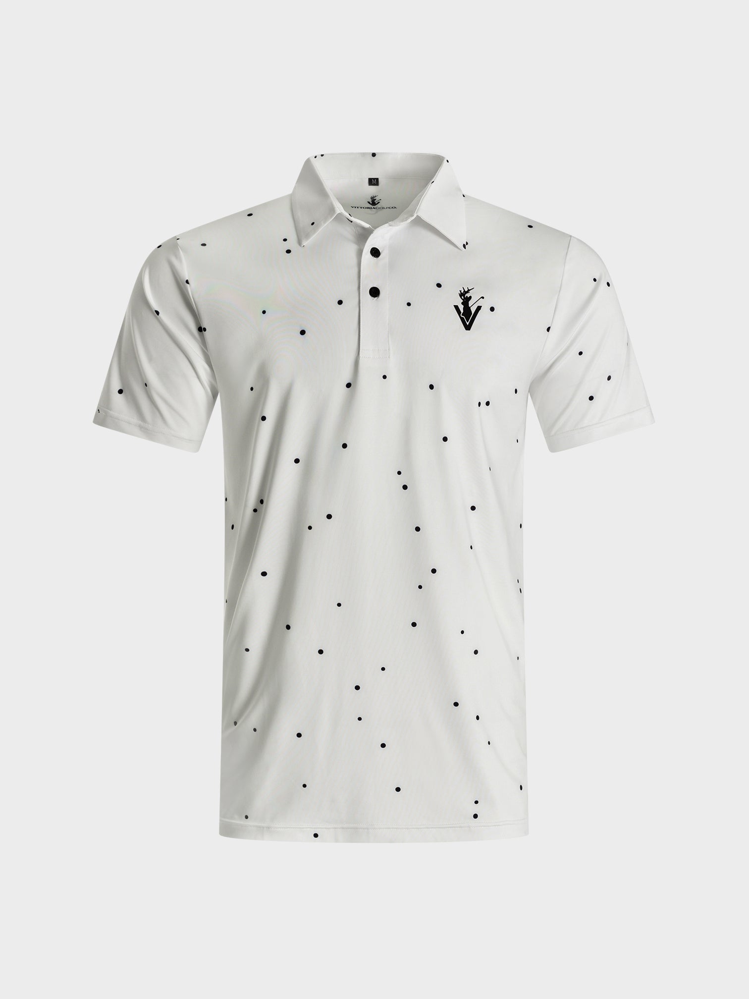 The Hinson polo white with black polka dots and VittoriaGolfco logo on chest