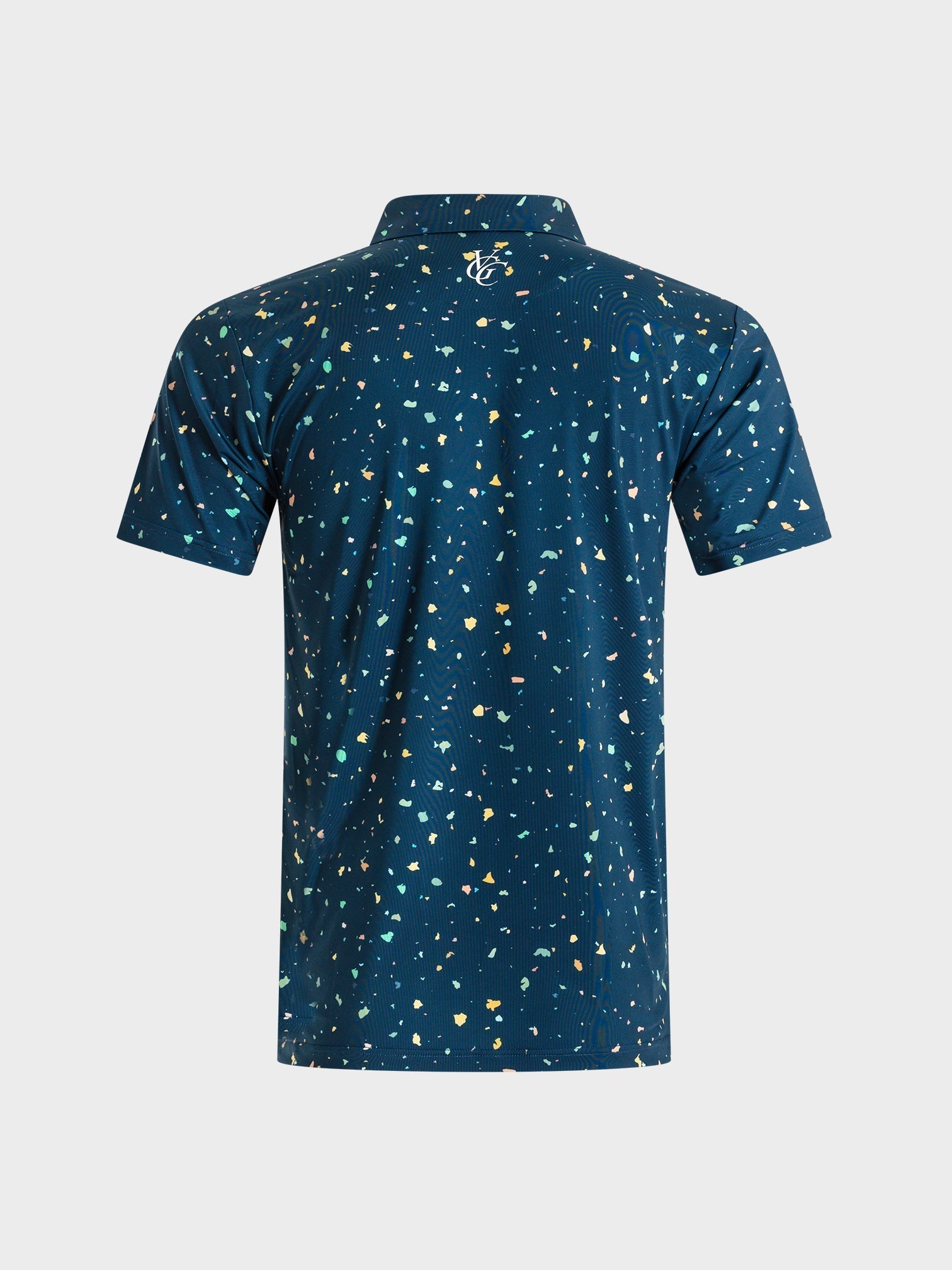 The Underlay polo by VittoriaGolfco in navy with colorful speckled pattern and short sleeves shown from the back