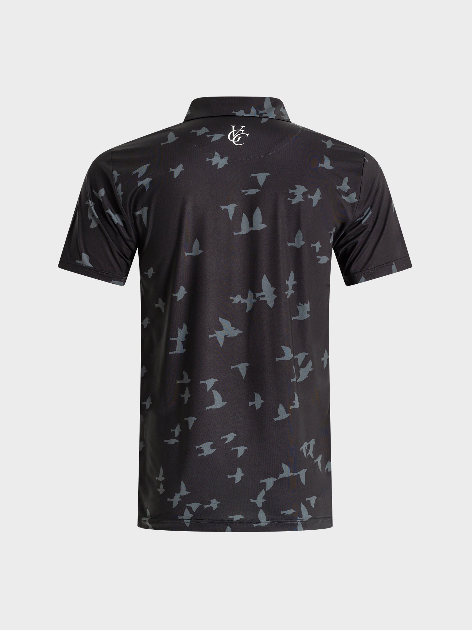 Black VittoriaGolfco "The Flock" polo with bird flock pattern and logo on back
