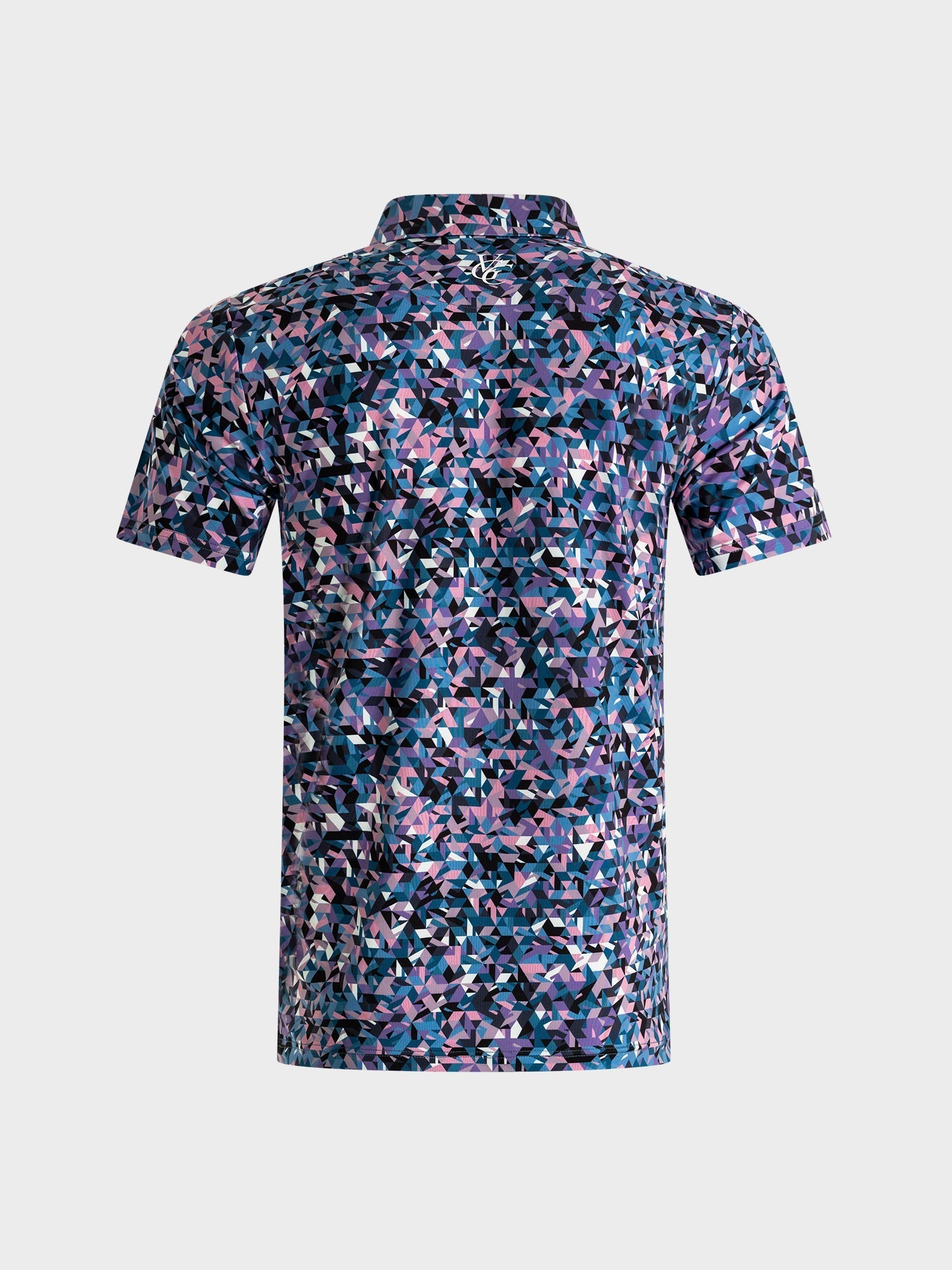 The Geo polo with bold geometric pattern in purple and blue tones