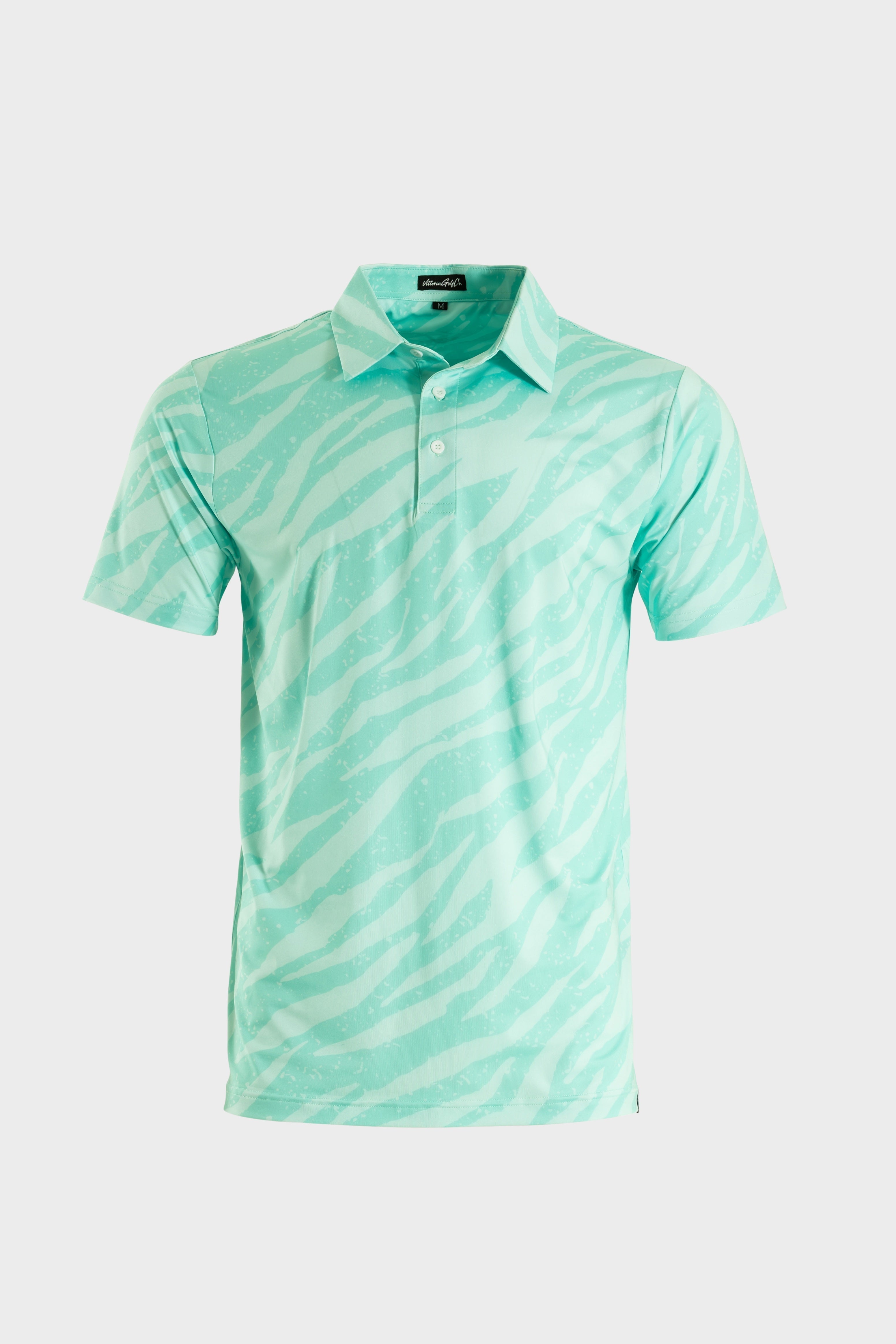 The TigerMint polo shirt in vibrant mint-green with tiger stripe pattern and breathable fabric