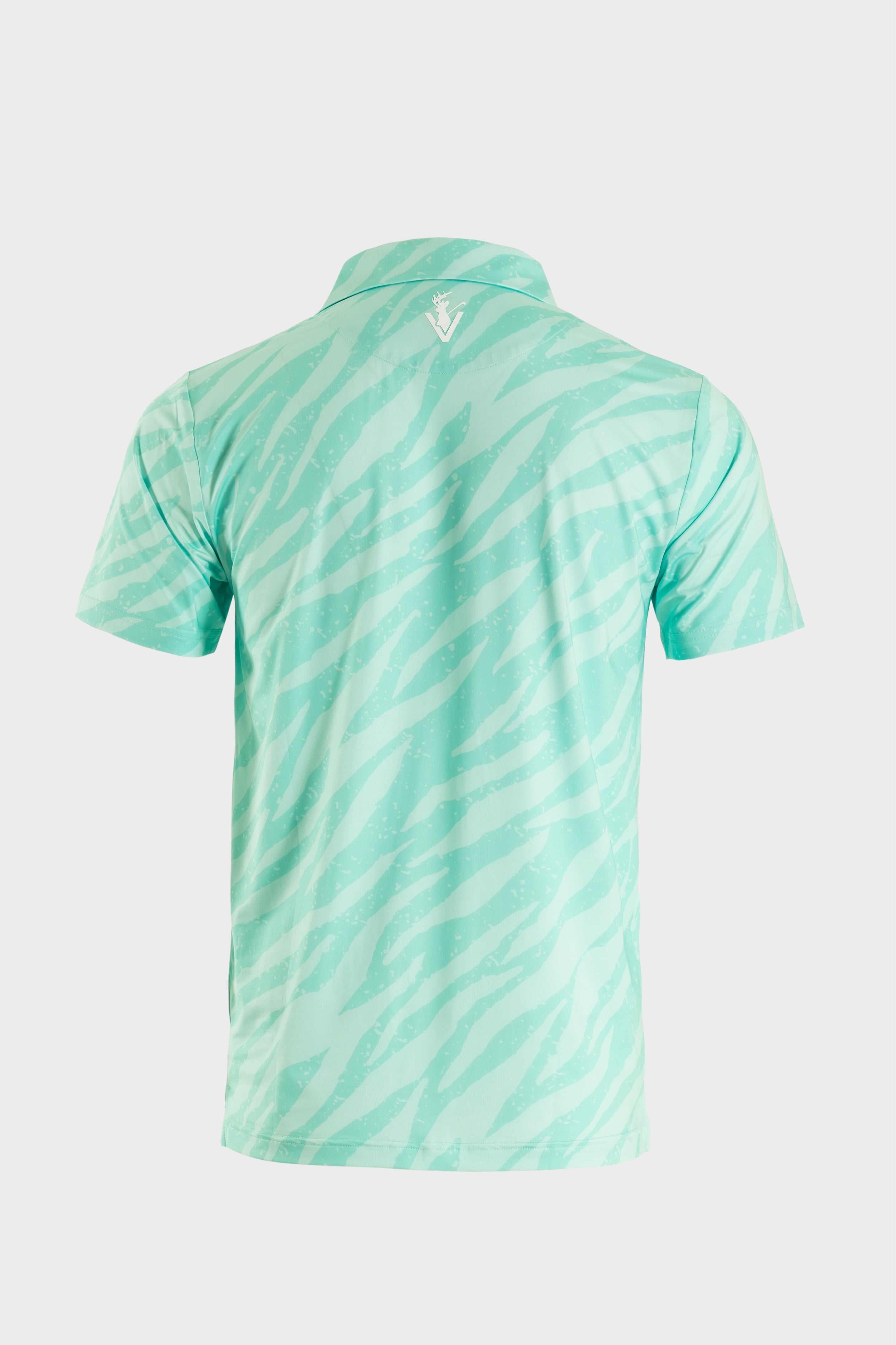 The TigerMint polo shirt in vibrant mint-green with tiger stripe pattern and breathable fabric, back view