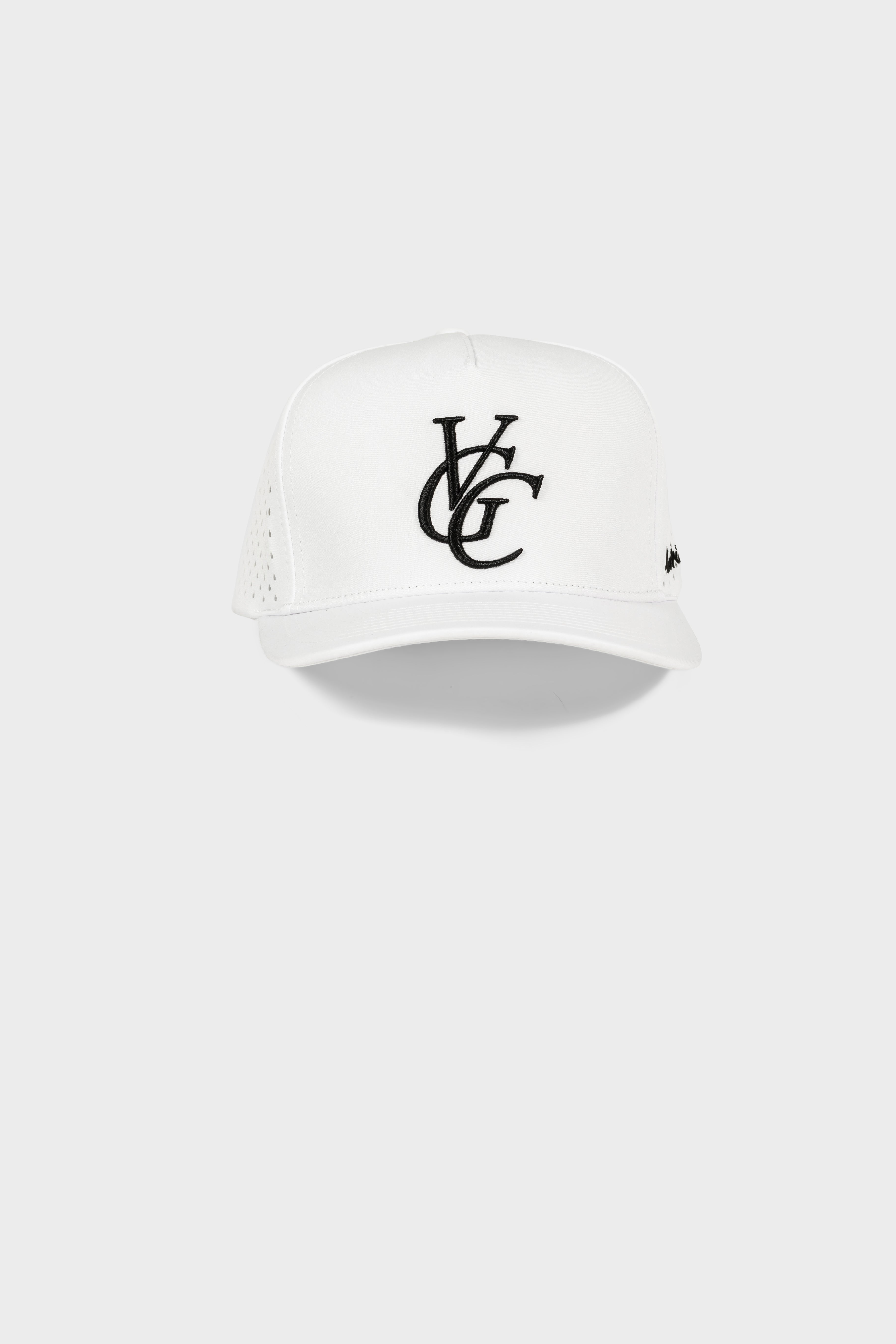 White Performance VGC Snapback golf cap with black logo and adjustable fit for comfort and style