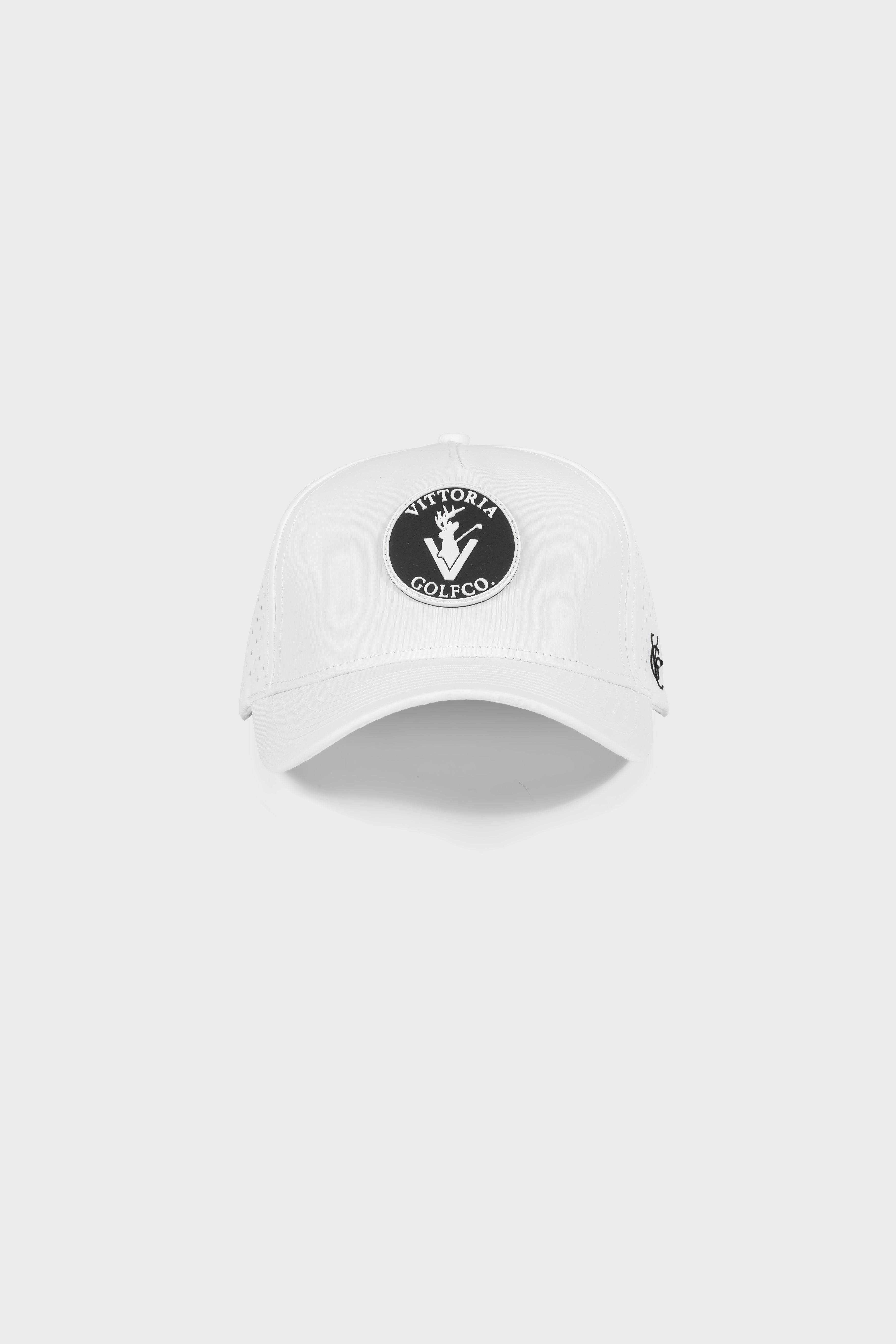 The Patch Hat white adjustable snapback with black circular patch logo