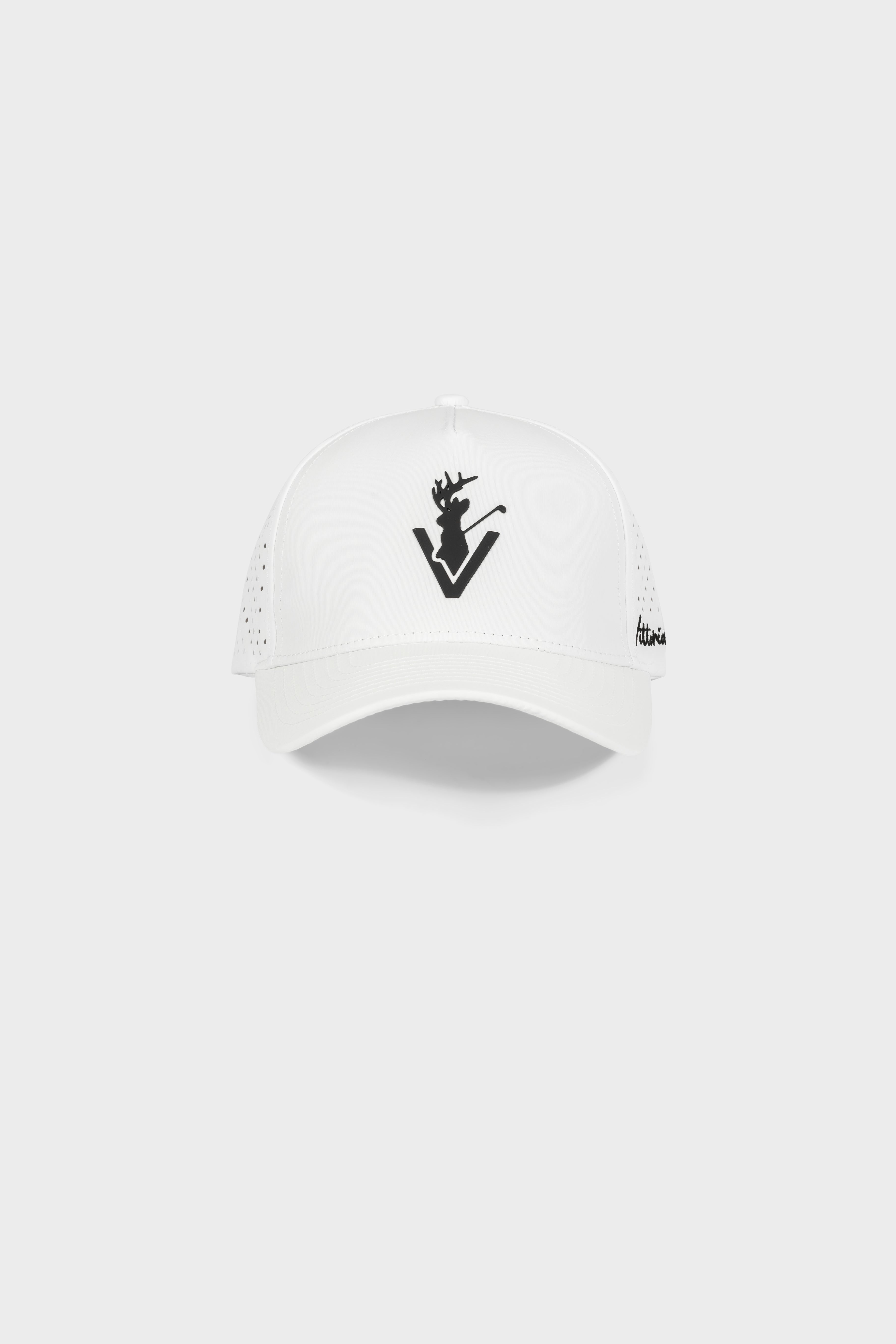 White Vittoria Hat- White golf cap with black logo and adjustable snapback closure