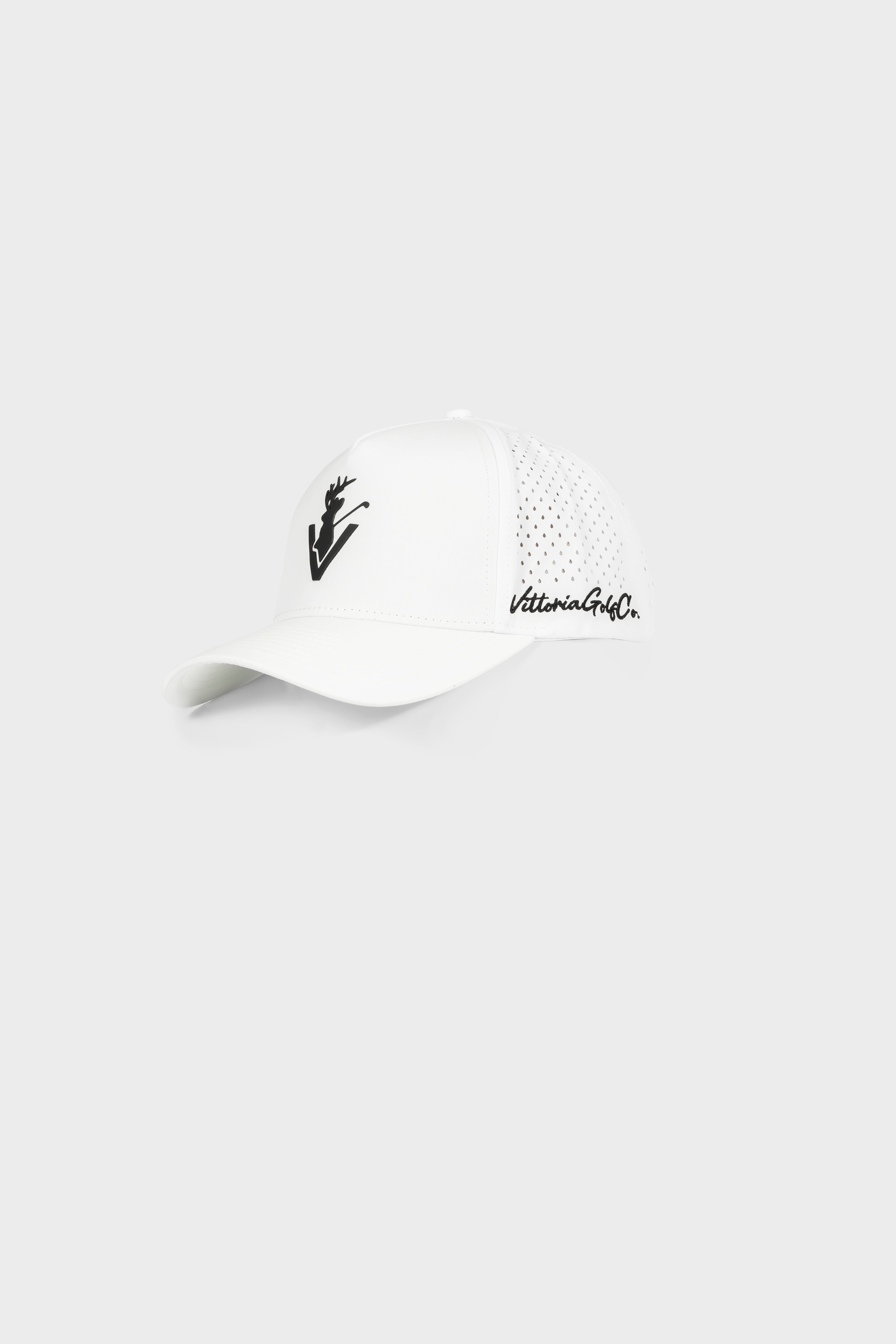 White Vittoria Hat with black logo and adjustable snapback by Vittoria Golf Co.