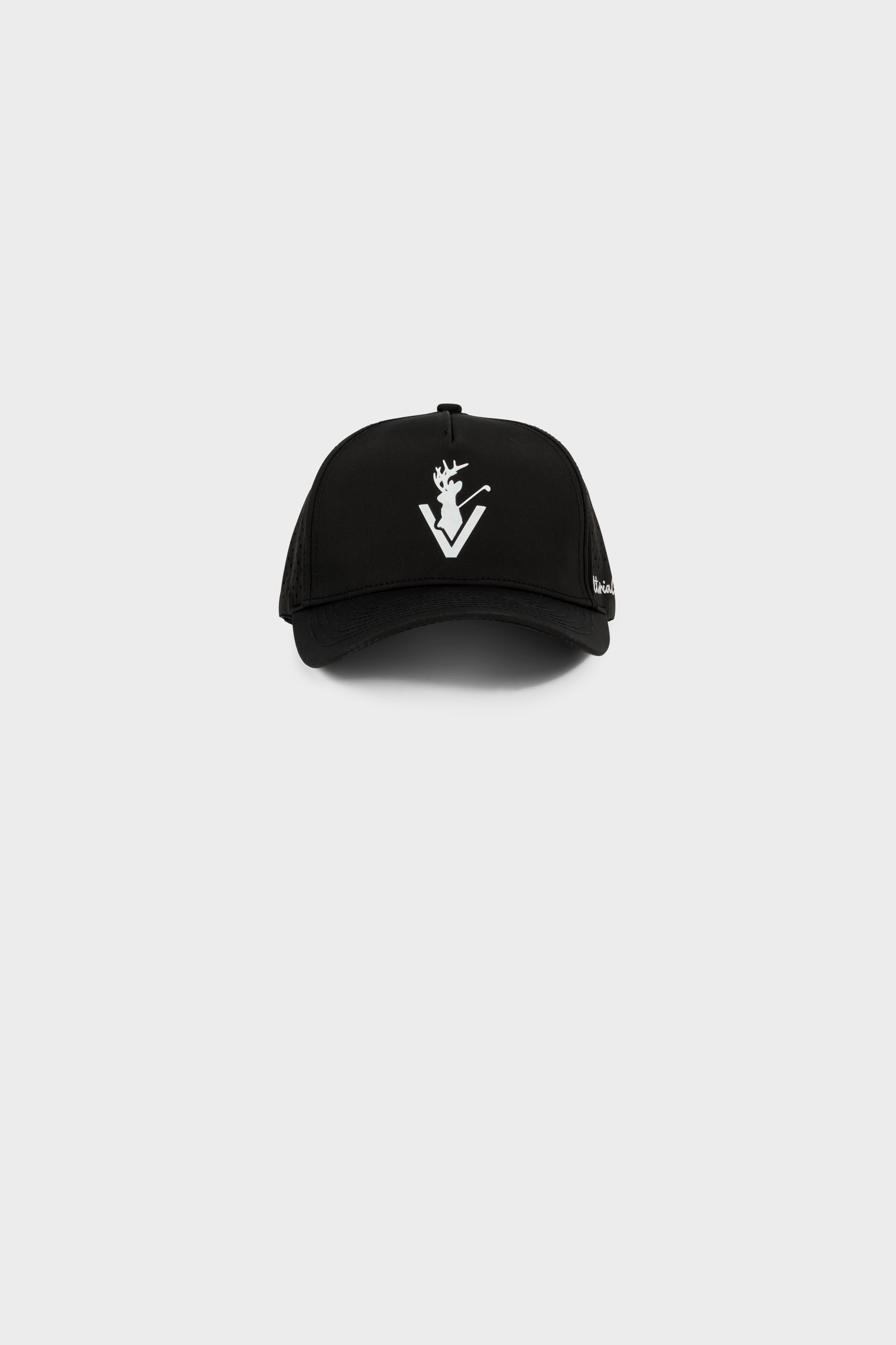 The Vittoria Black adjustable snapback hat with white logo on front