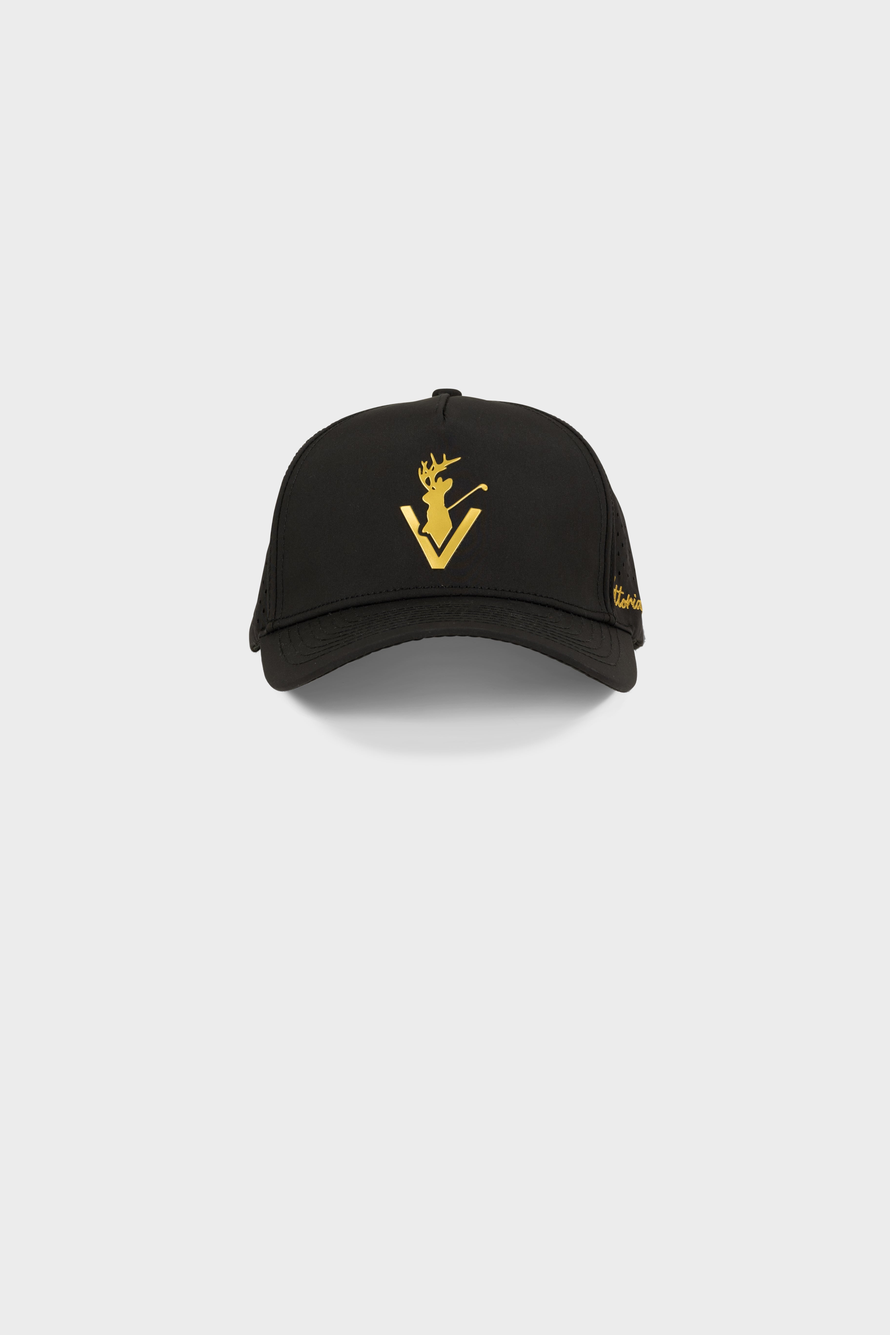 The Golden Era Hat black cap with gold Vittoria Golf Co logo front and side embroidery
