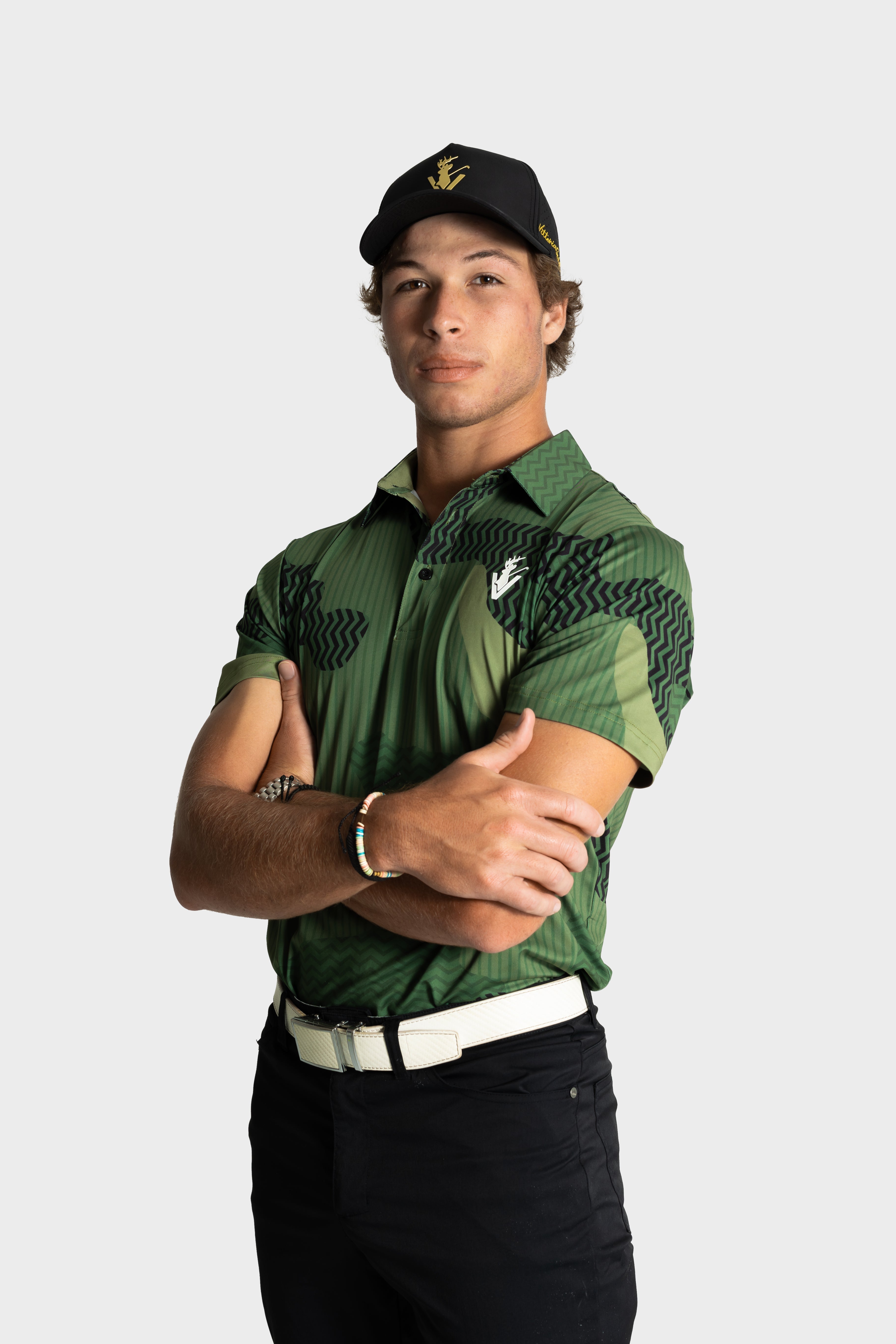 VittoriaGolfco Polo The Unseen green camouflage golf polo shirt with modern tactical design worn by male model