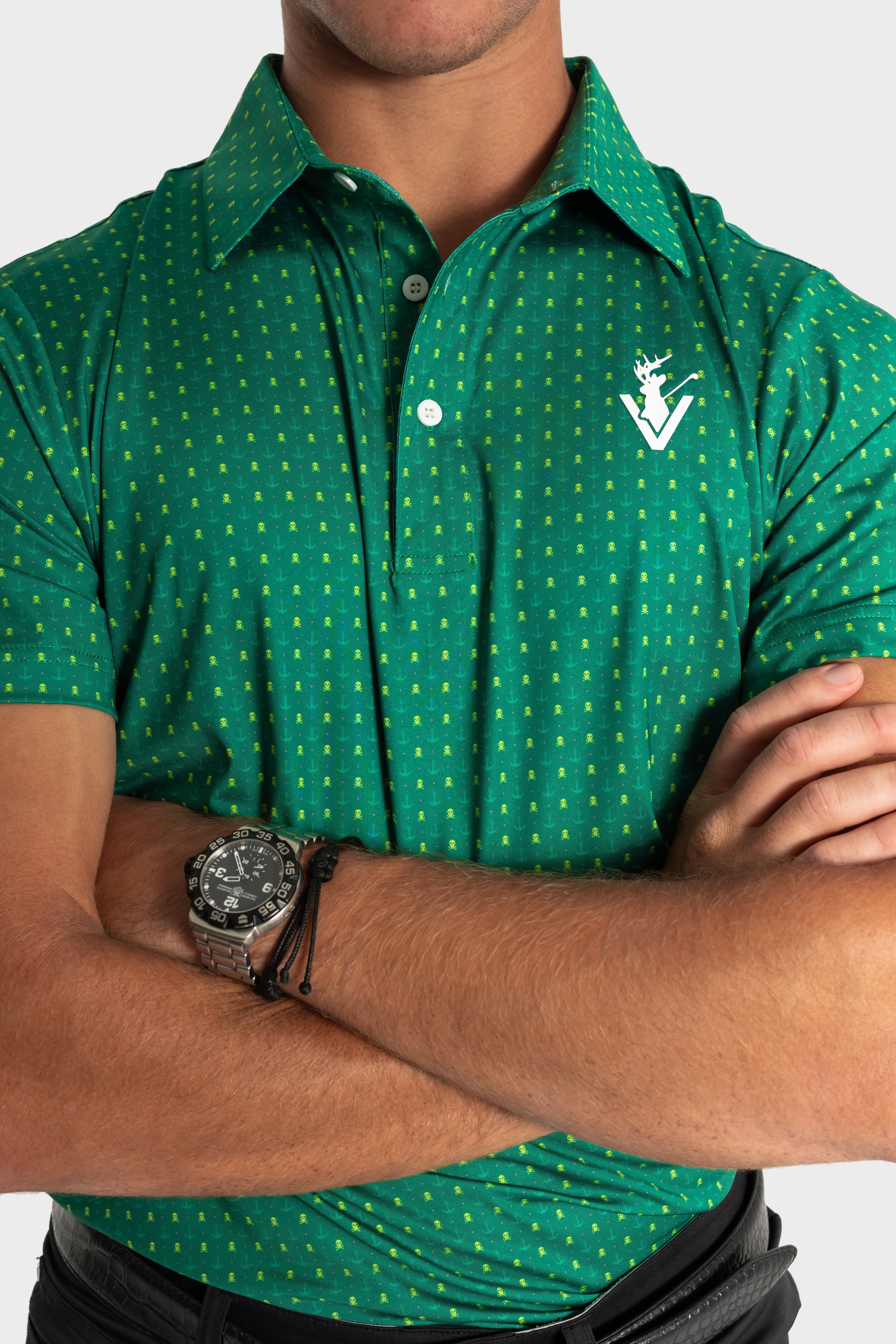 Green Skullzalea Golf Polo with yellow skull pattern and logo on chest