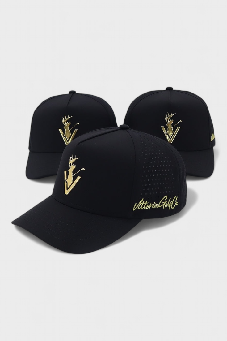 Black Golden Era 2 baseball caps with gold logo embroidery and side text on a white background