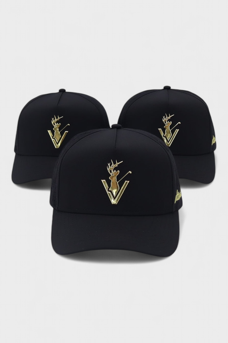 Golden Era 2 black hats with gold deer logo embroidery and modern fit