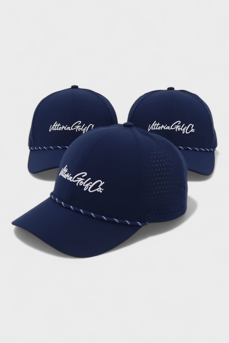 Three navy blue Vittoria Rope Hats with white rope detail and Vittoria Golf Co. logo on the front