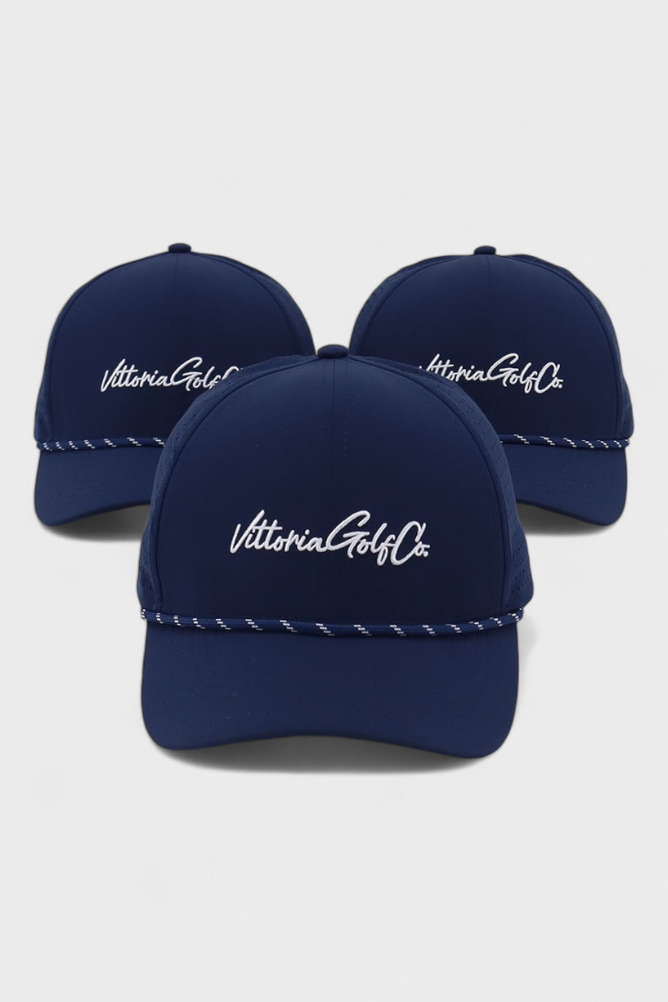 Three navy blue Vittoria Rope Hats with white rope detail and Vittoria Golf Co. logo on front