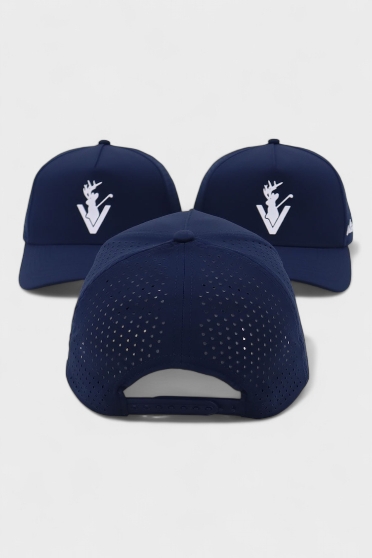 Three navy Vittoria Performance Hats showing front and back views with logo and breathable design