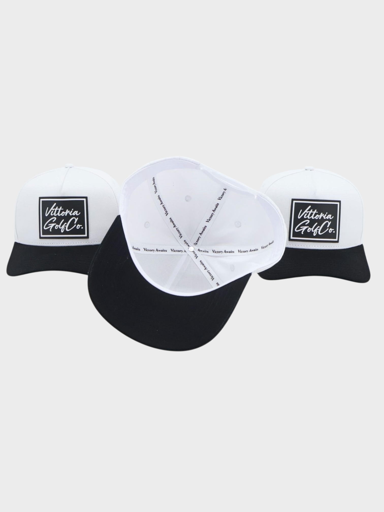 Two Tone Cotton Hat with black brim, white crown, and Vittoria Golf Co. logo patch, showing front, side, and inside views