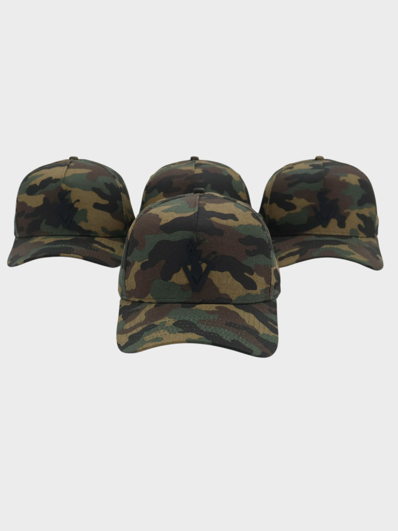 Three Tri Camo Hats with adjustable snapback and modern camouflage design in green and brown tones