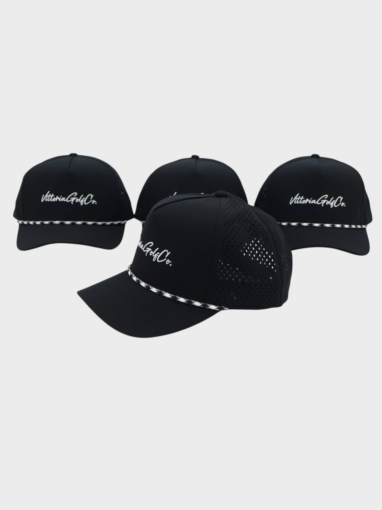 Black Vittoria Rope Hat with white rope detail and breathable design in multiple views