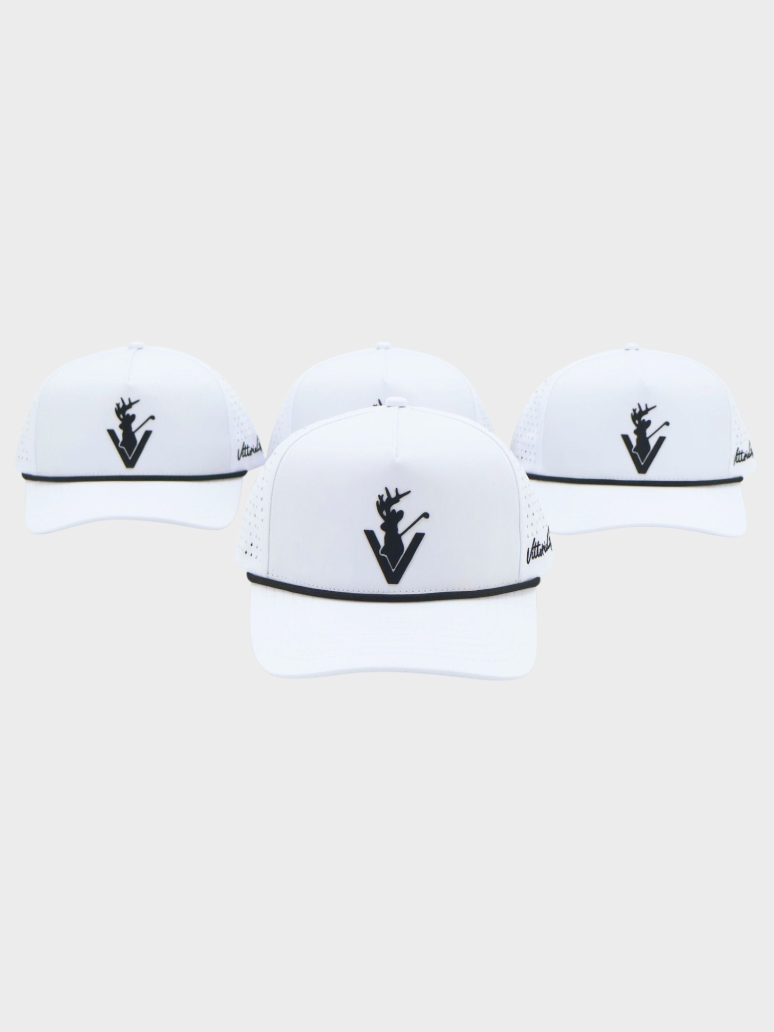 Set of four white Performance Rope Hats with black rope detail and logo, breathable golf caps designed for comfort and style