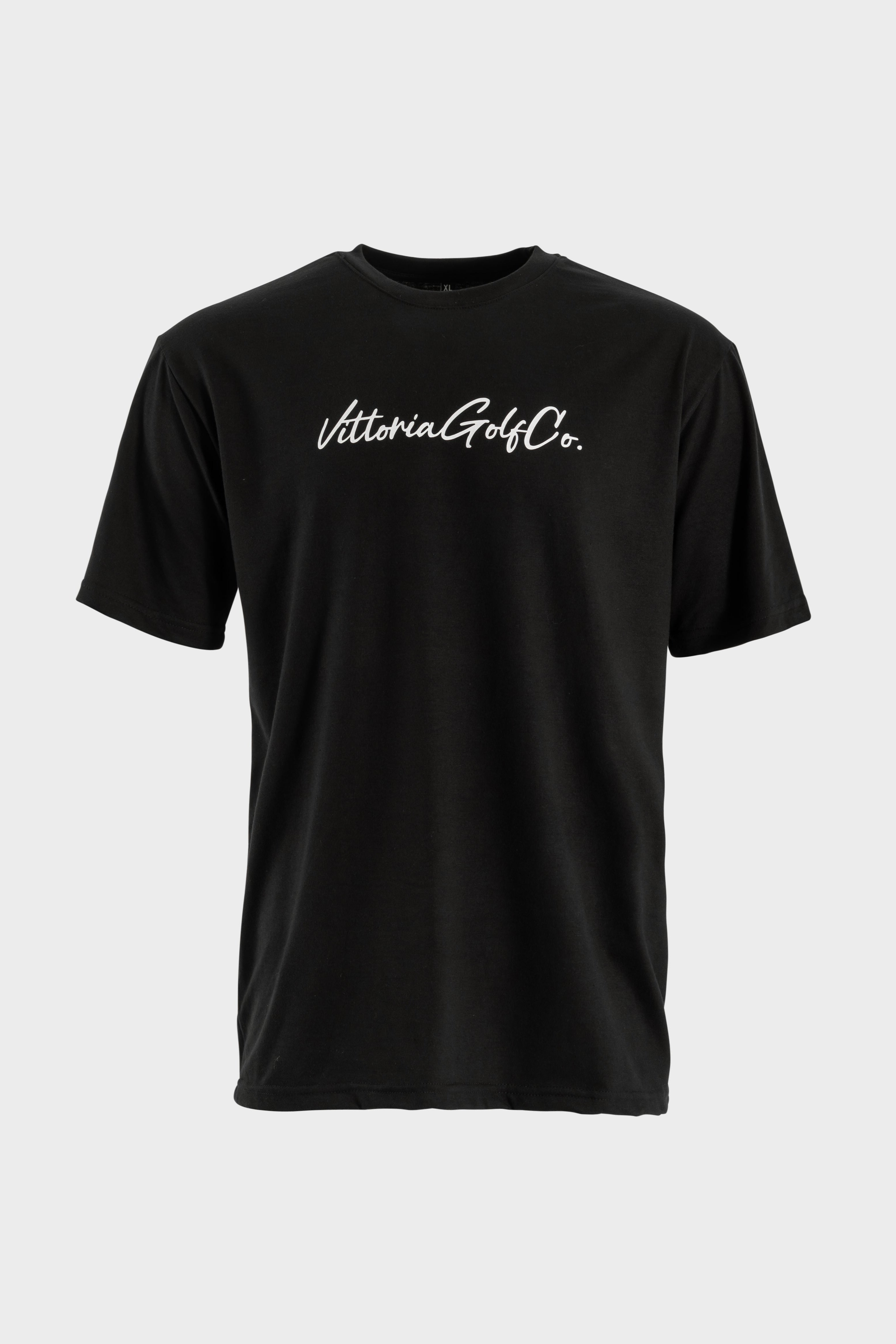 Black Vittoria Basic Tee with white Vittoria Golf Co. logo, classic fit, 100% cotton, casual and sporty style