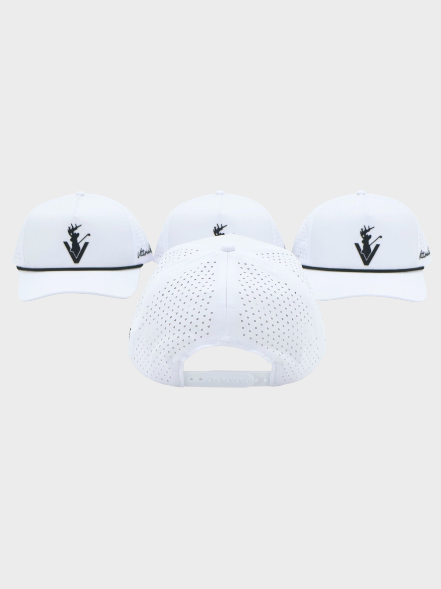 The Performance Rope Hat white premium golf cap with breathable fabric, adjustable snapback, and black logo design, shown from front and back views.