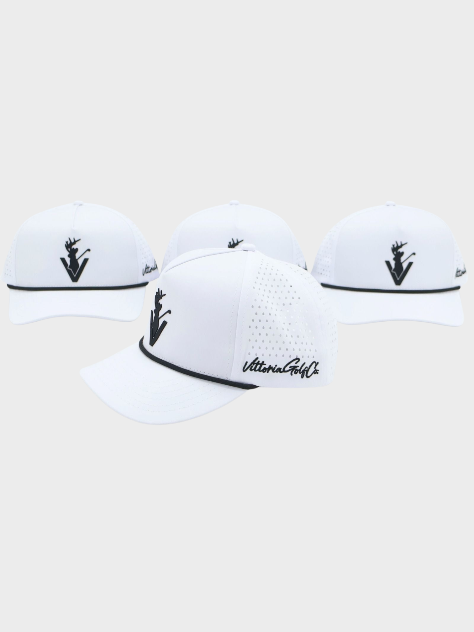 White Performance Rope Hat golf cap with black rope accent and logo, breathable and adjustable snapback design for comfort and style