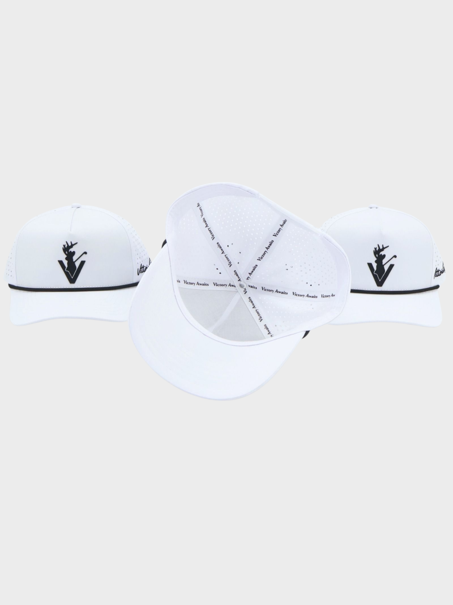 White Performance Rope Hat with black rope accent, breathable fabric, adjustable snapback, and vintage-inspired golf style.