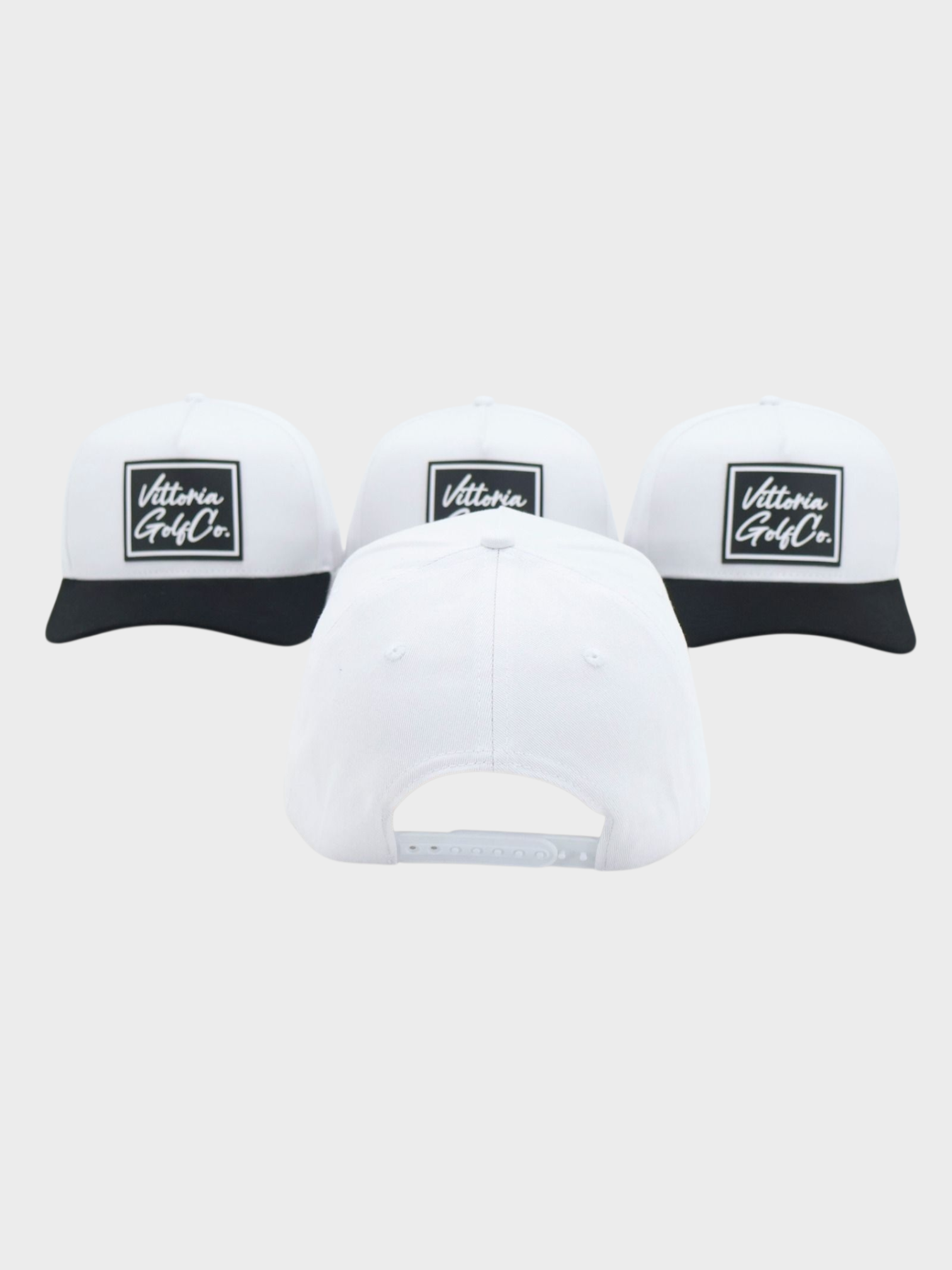 Three white and black two tone cotton hats with adjustable snap back straps, showing front and back views, designed for golf and casual wear.