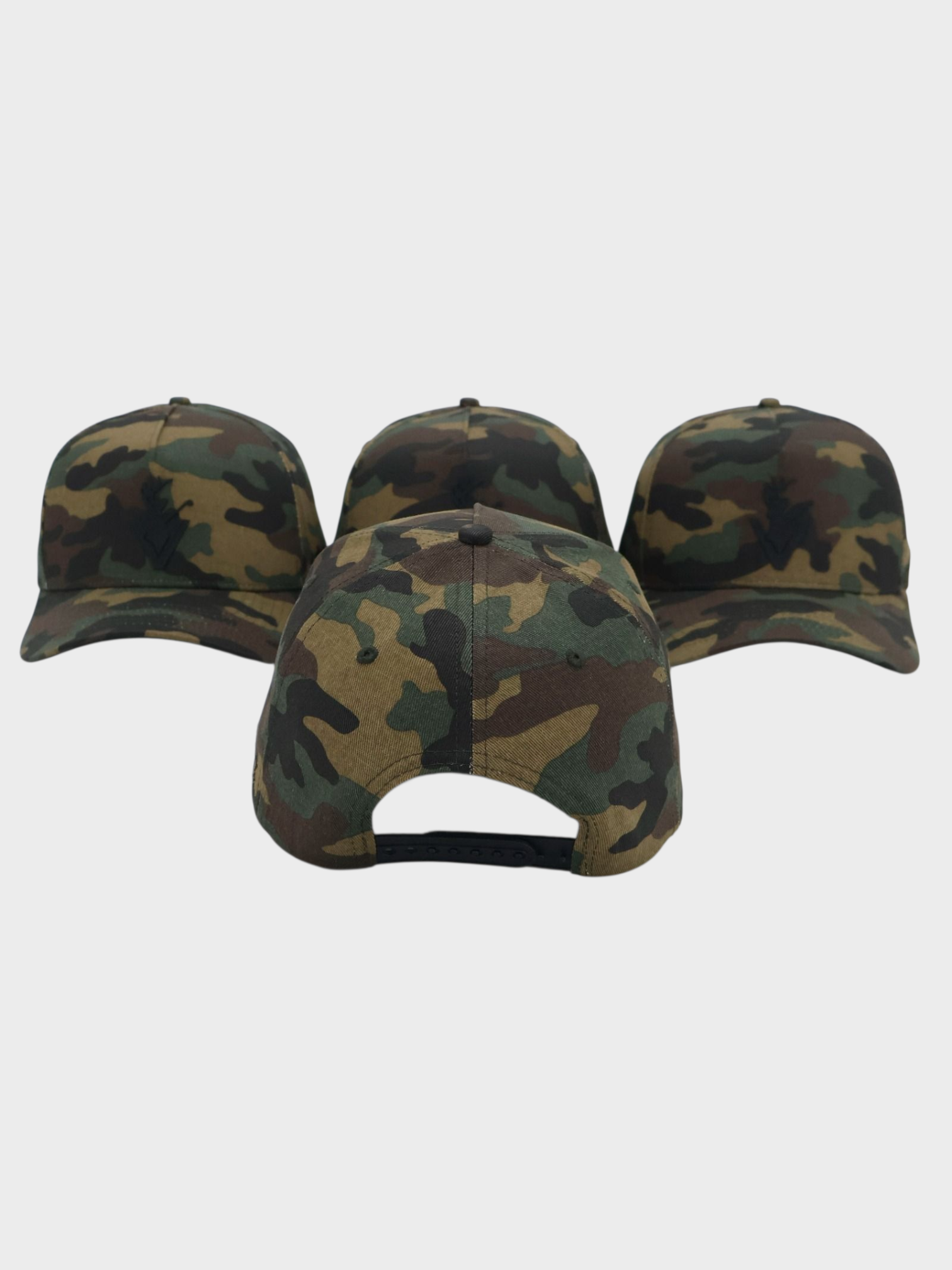 Set of four Tri Camo Hats in camouflage pattern with adjustable snapback closure displayed from front and back views