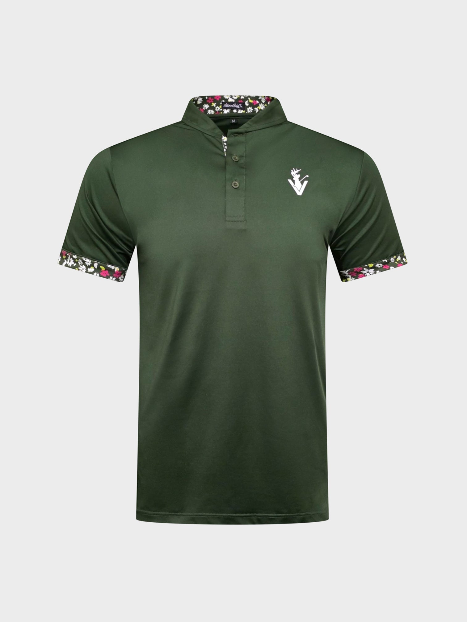 The Vittoria Verde Blade green golf polo shirt with floral collar and sleeve details