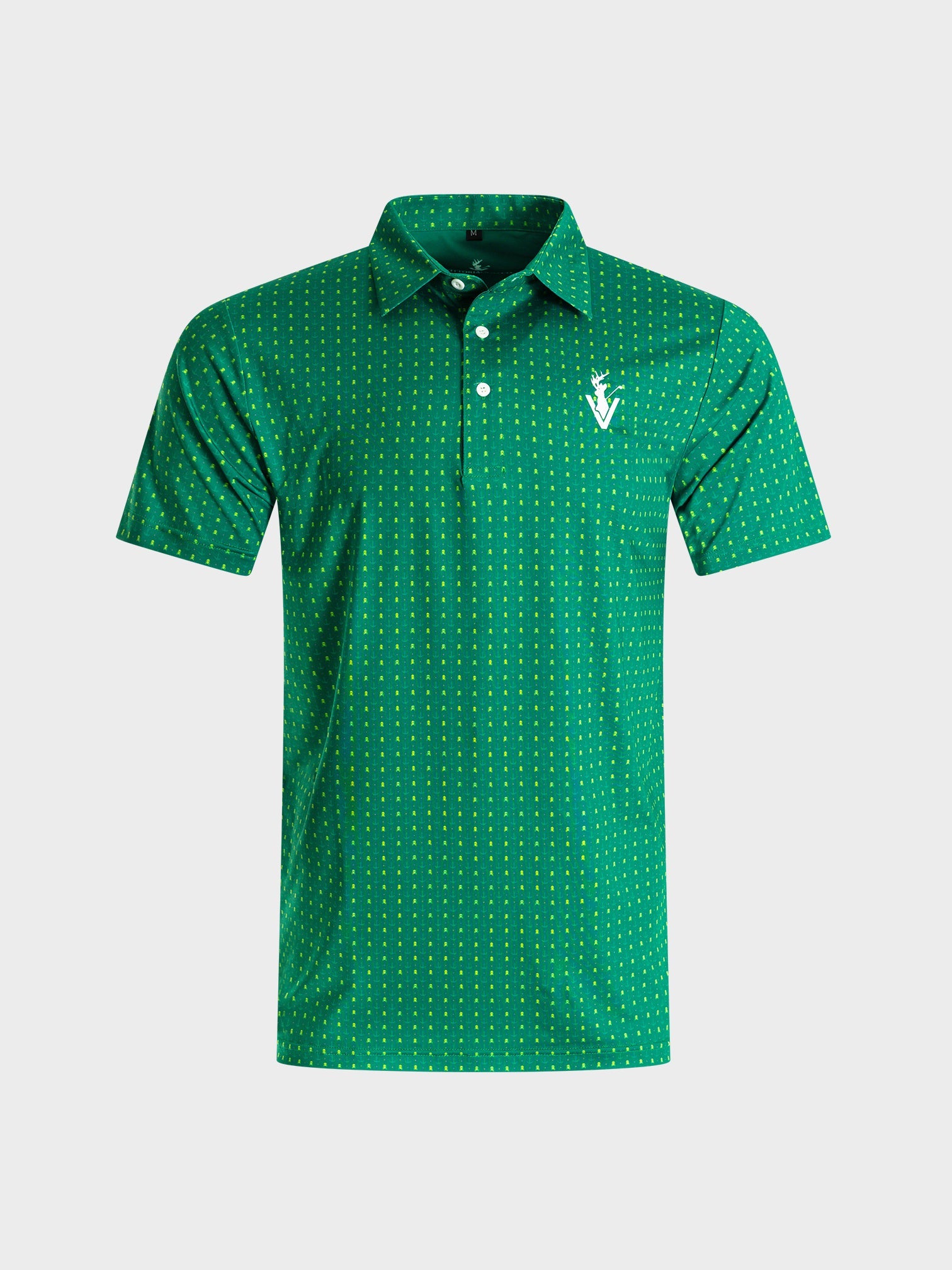 Green Skullzalea golf polo shirt with yellow skull pattern and collar on gray background