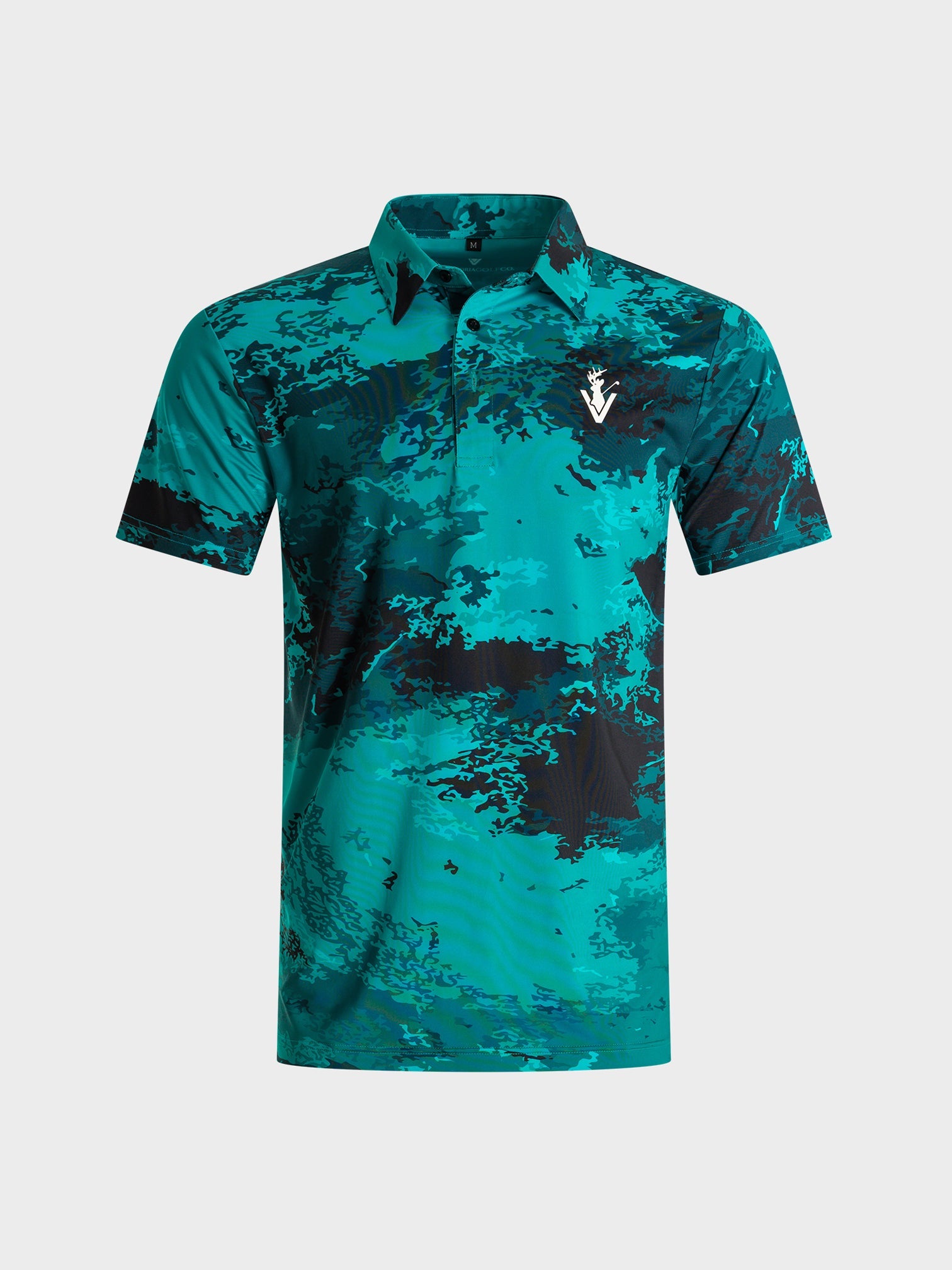 The One luxury performance golf polo shirt in teal and black camo pattern by VittoriaGolfco