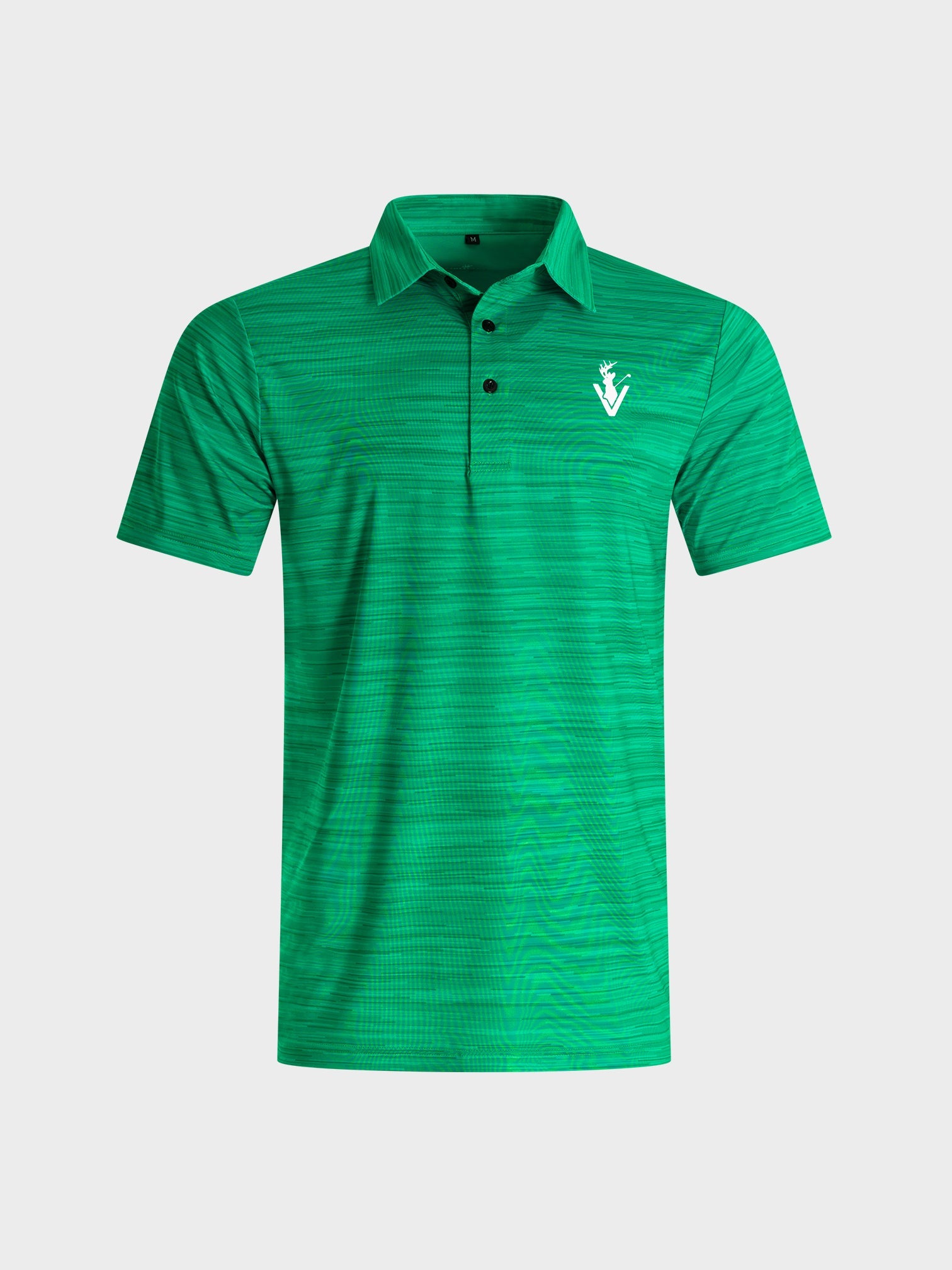 Green striped polo shirt with collar and logo on chest called The Pasture by VittoriaGolfco
