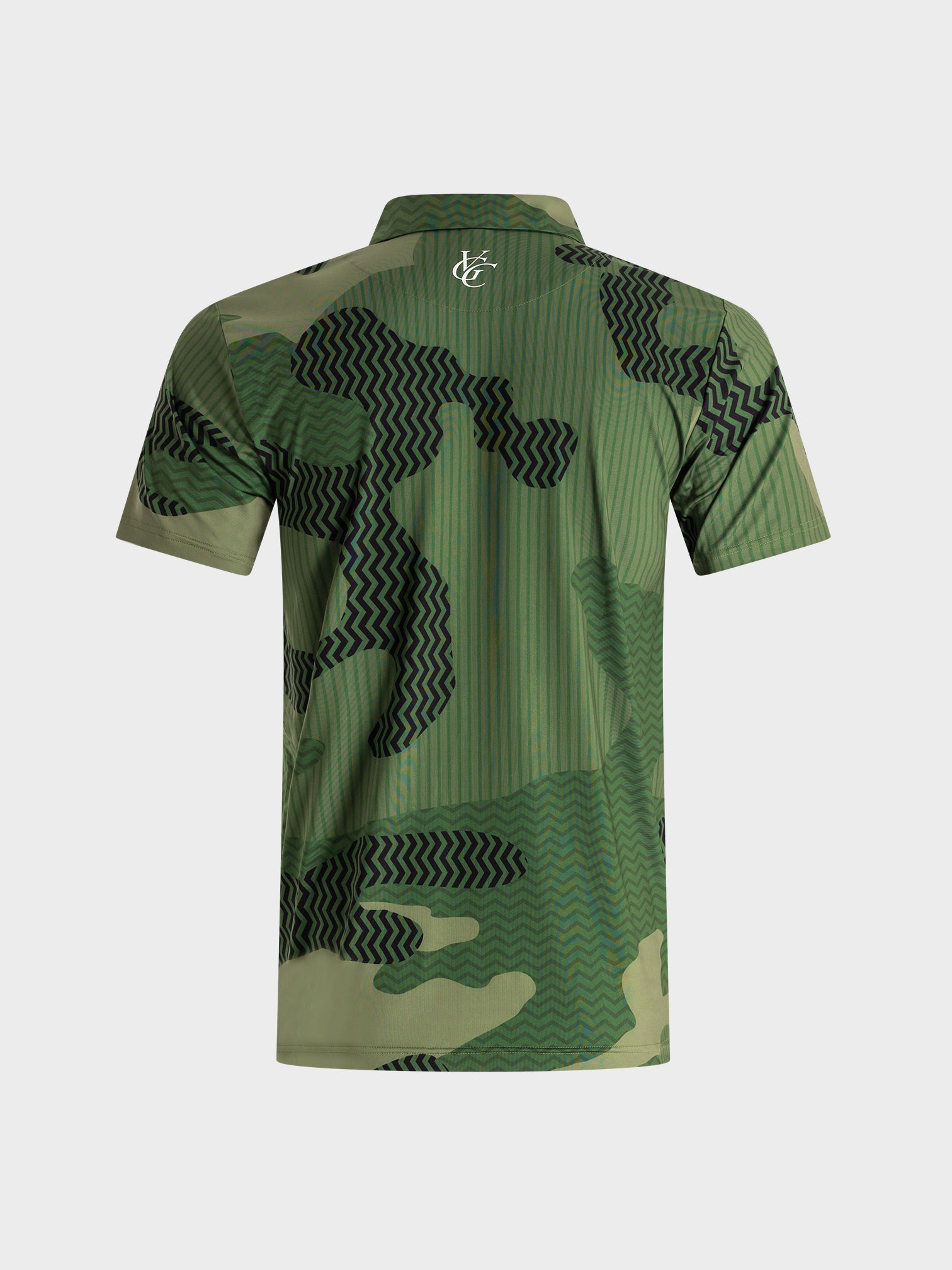Back view of The Unseen camouflage polo shirt by VittoriaGolfco in green tones with tactical pattern design
