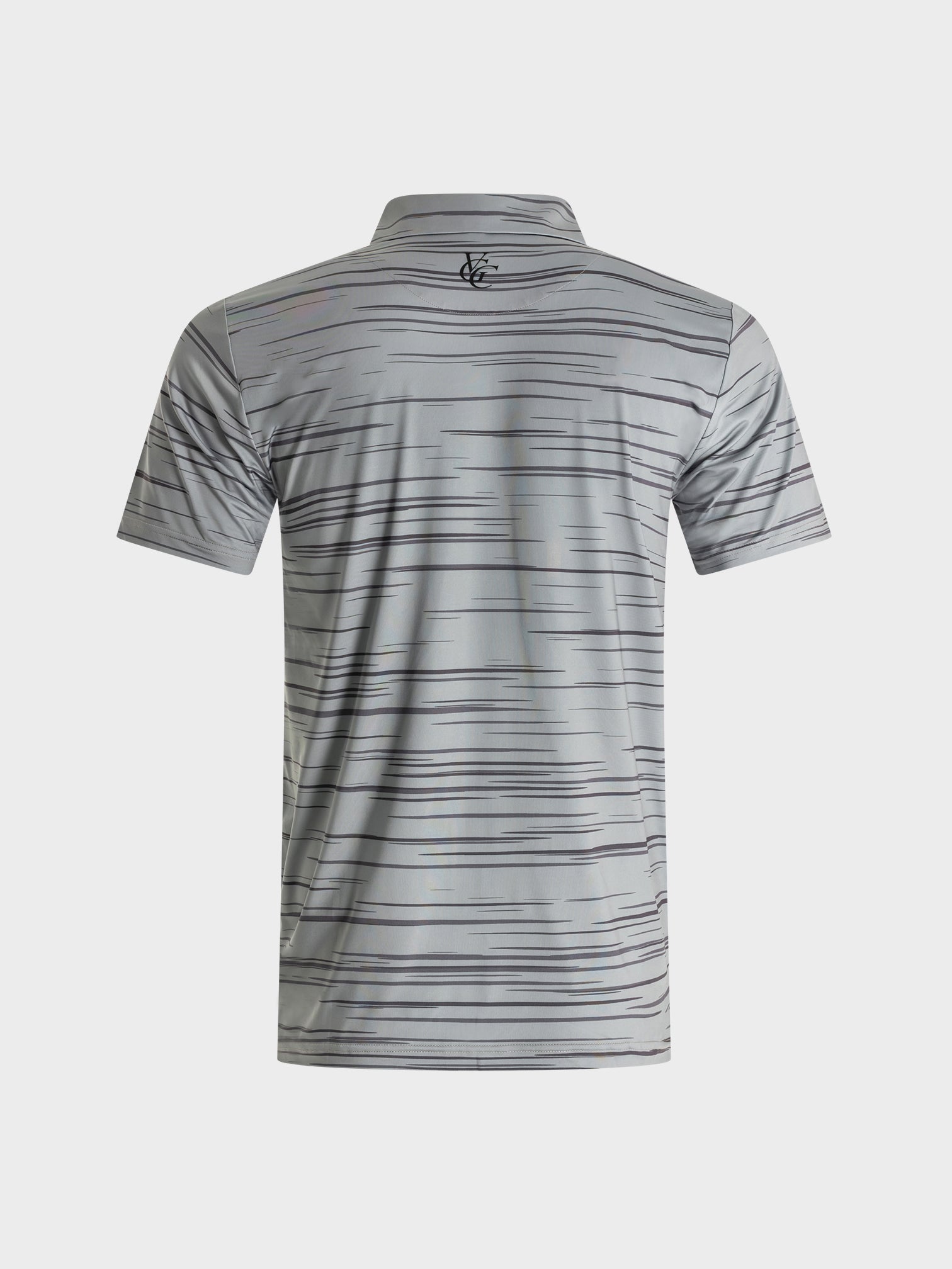 The Gray grey polo shirt with subtle horizontal stripes and VittoriaGolfco logo on the back collar