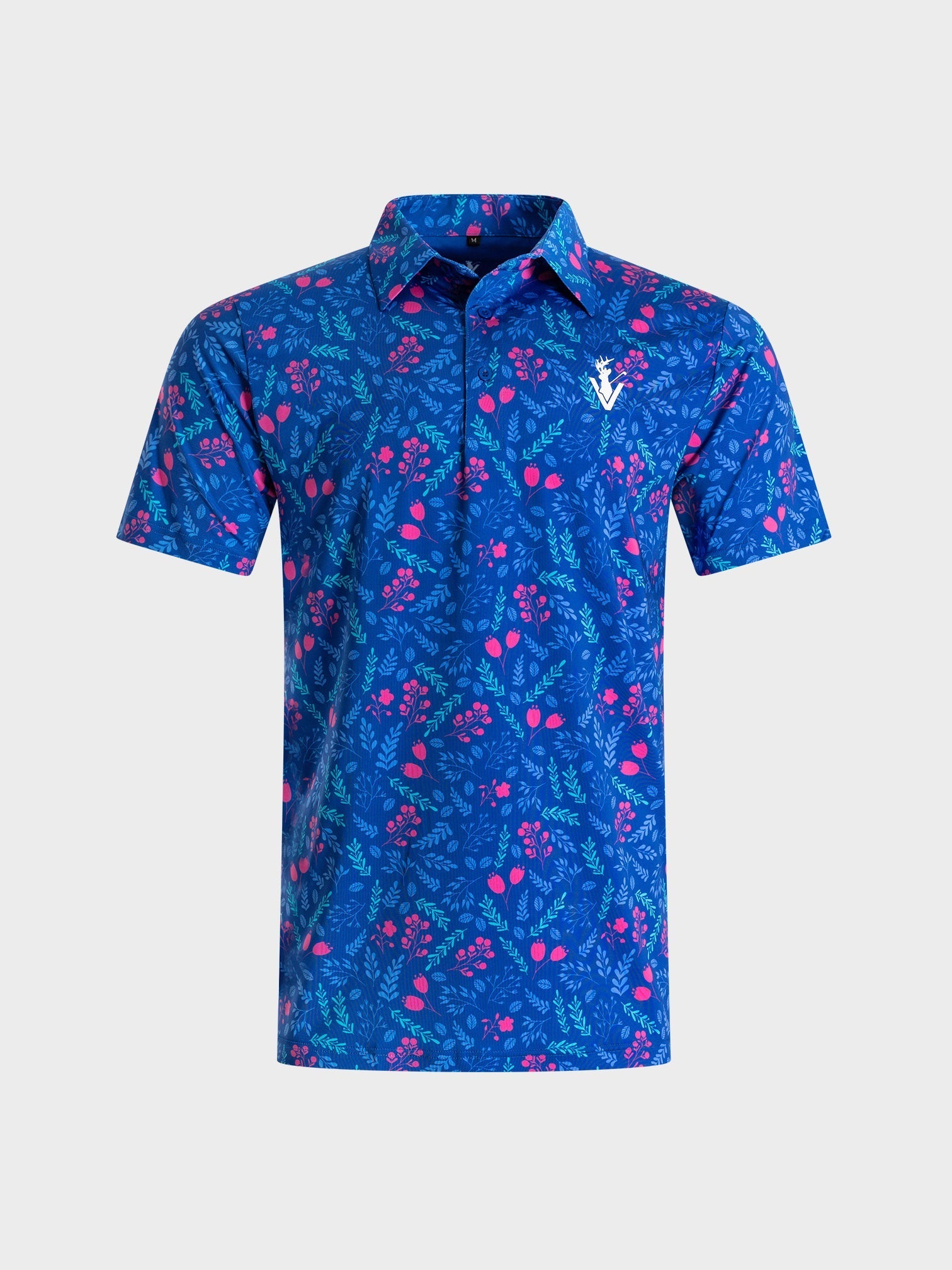 The Gatsby polo by VittoriaGolfco featuring a blue floral pattern with pink accents and a classic collar design