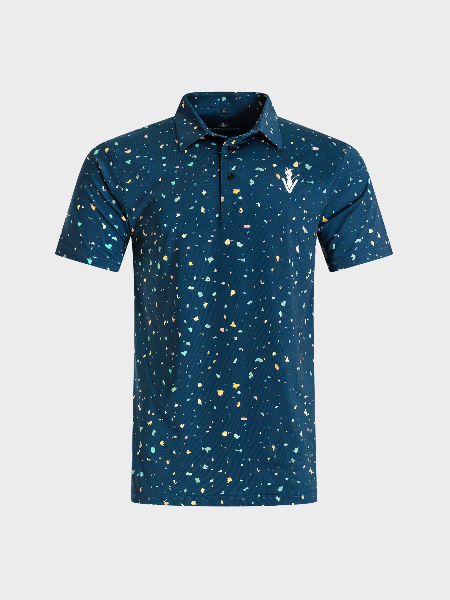 The Underlay golf polo shirt in blue with multicolor speckled pattern and VittoriaGolfco logo on chest