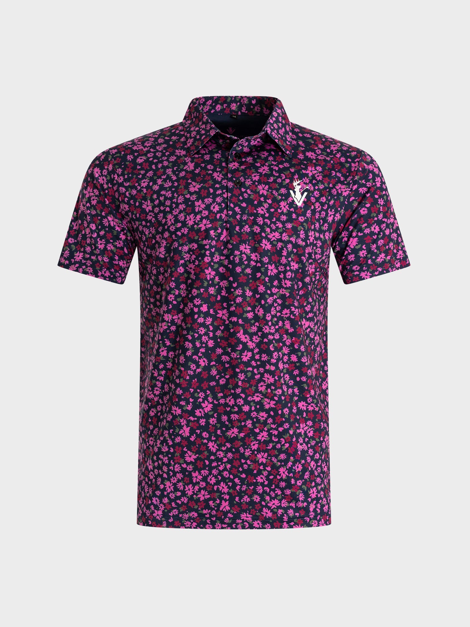 The Secret Garden polo shirt with intricate pink floral pattern and VittoriaGolfco logo on dark background