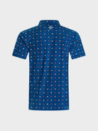 The Knitted polo by VittoriaGolfco in blue with textured knit pattern and small red and white heart-like shapes