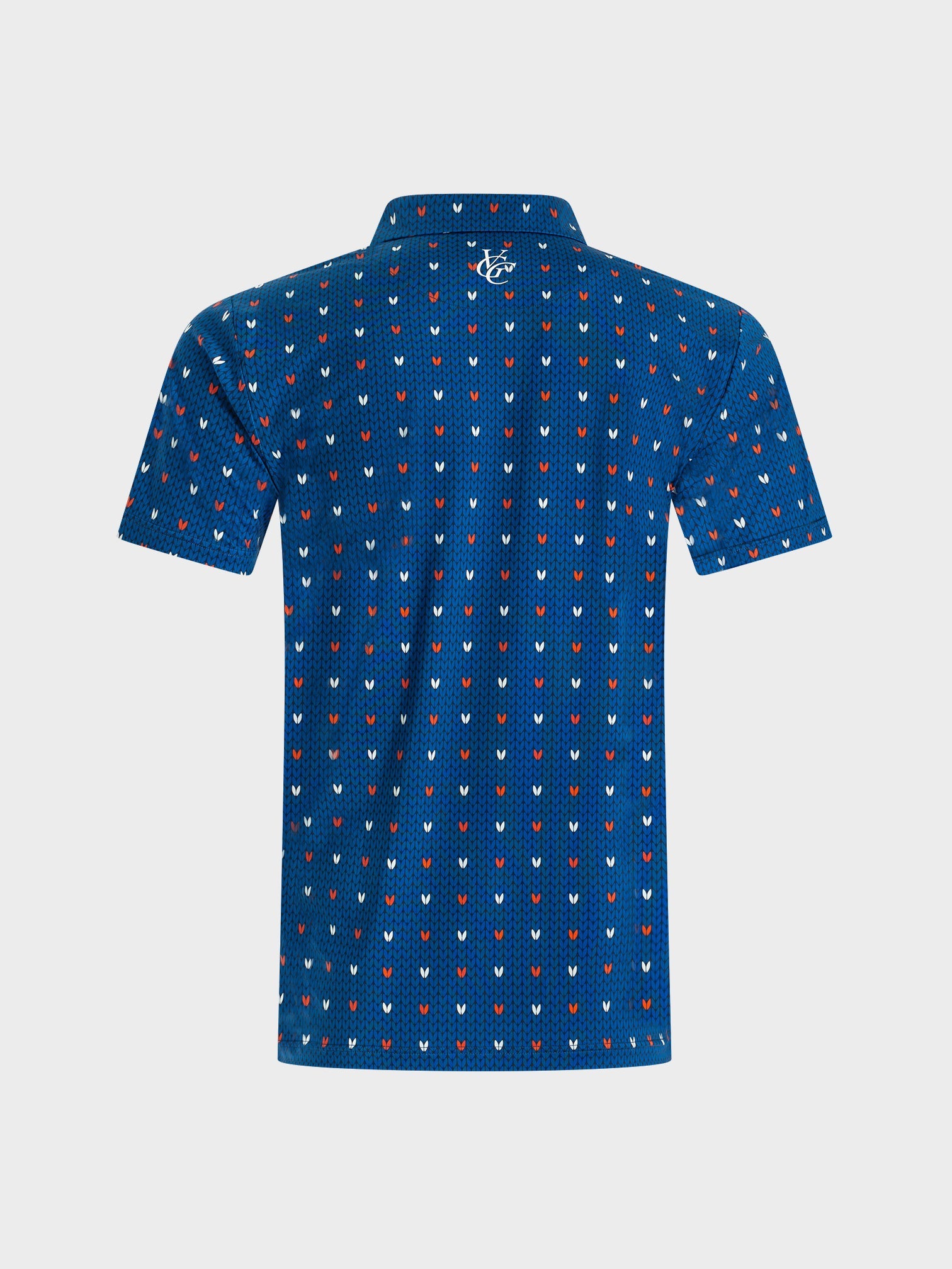 Blue knitted polo shirt with red, white, and blue heart pattern from VittoriaGolfco, featuring a classic collar and embroidered logo at the back collar.
