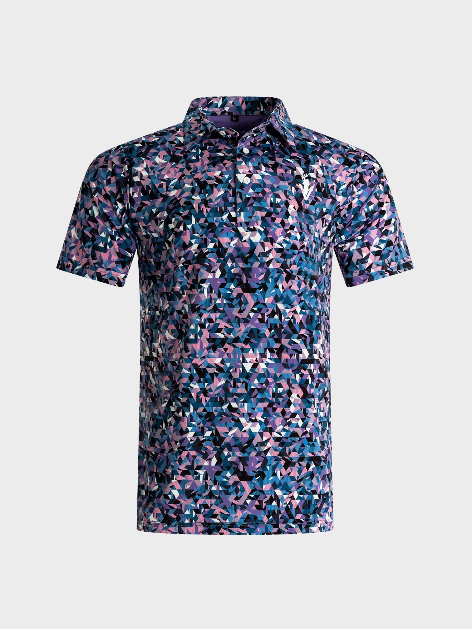The Geo polo shirt with bold geometric patterns in shades of blue and purple by VittoriaGolfco