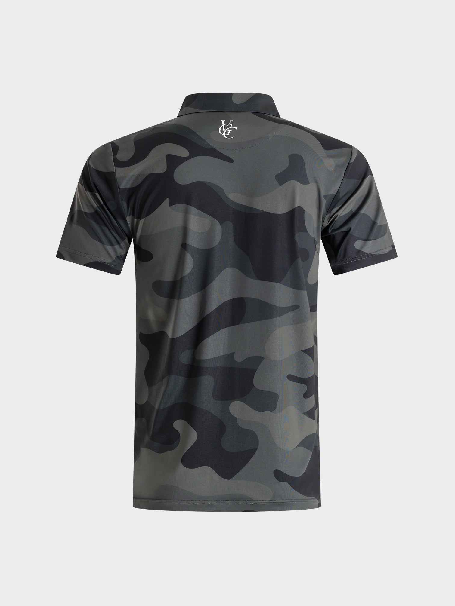 Back view of The Invincible camo-patterned polo shirt by VittoriaGolfco with VG logo on collar