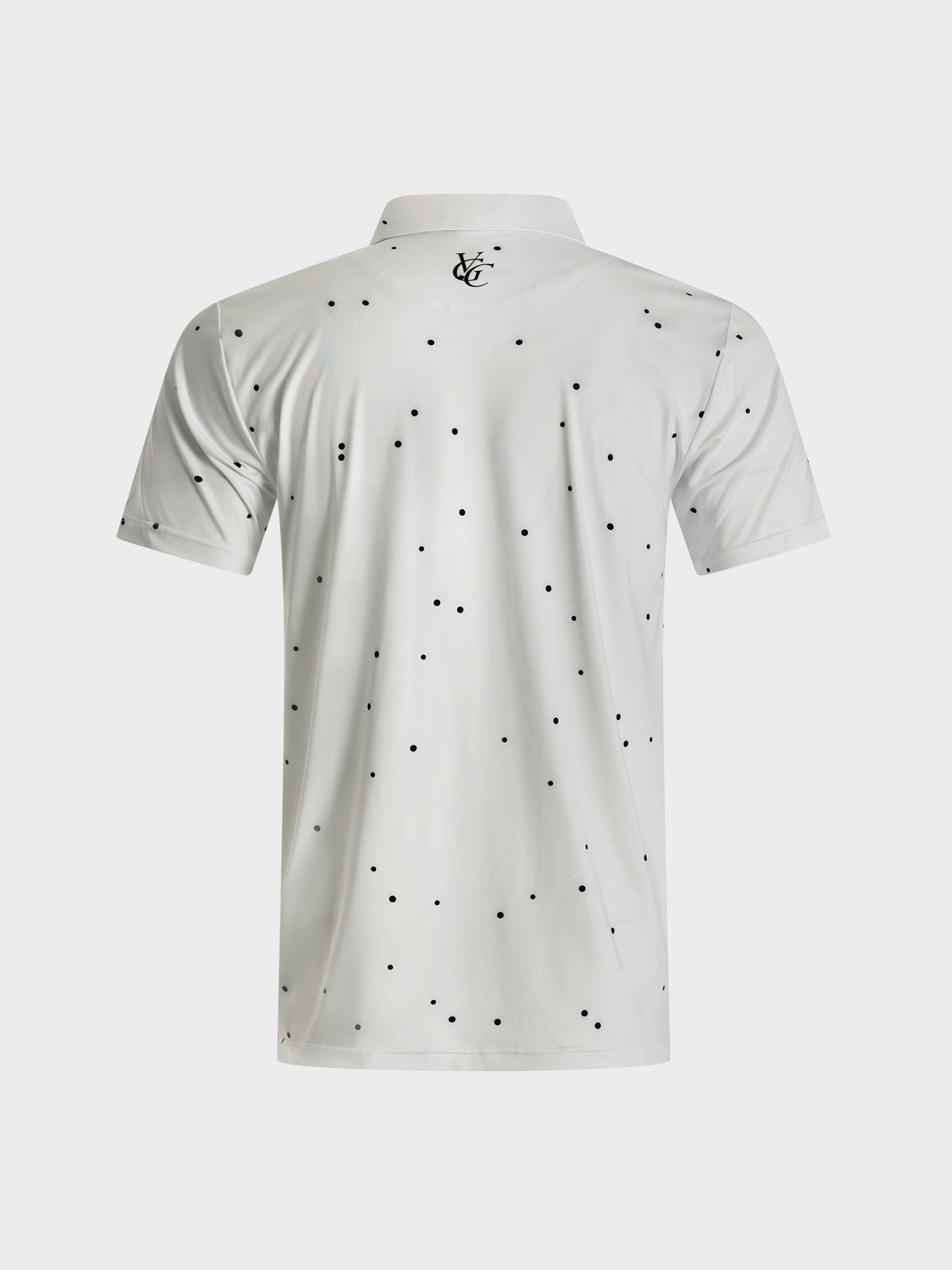 White Hinson polo shirt with small black dot pattern and VittoriaGolfco logo on the back collar