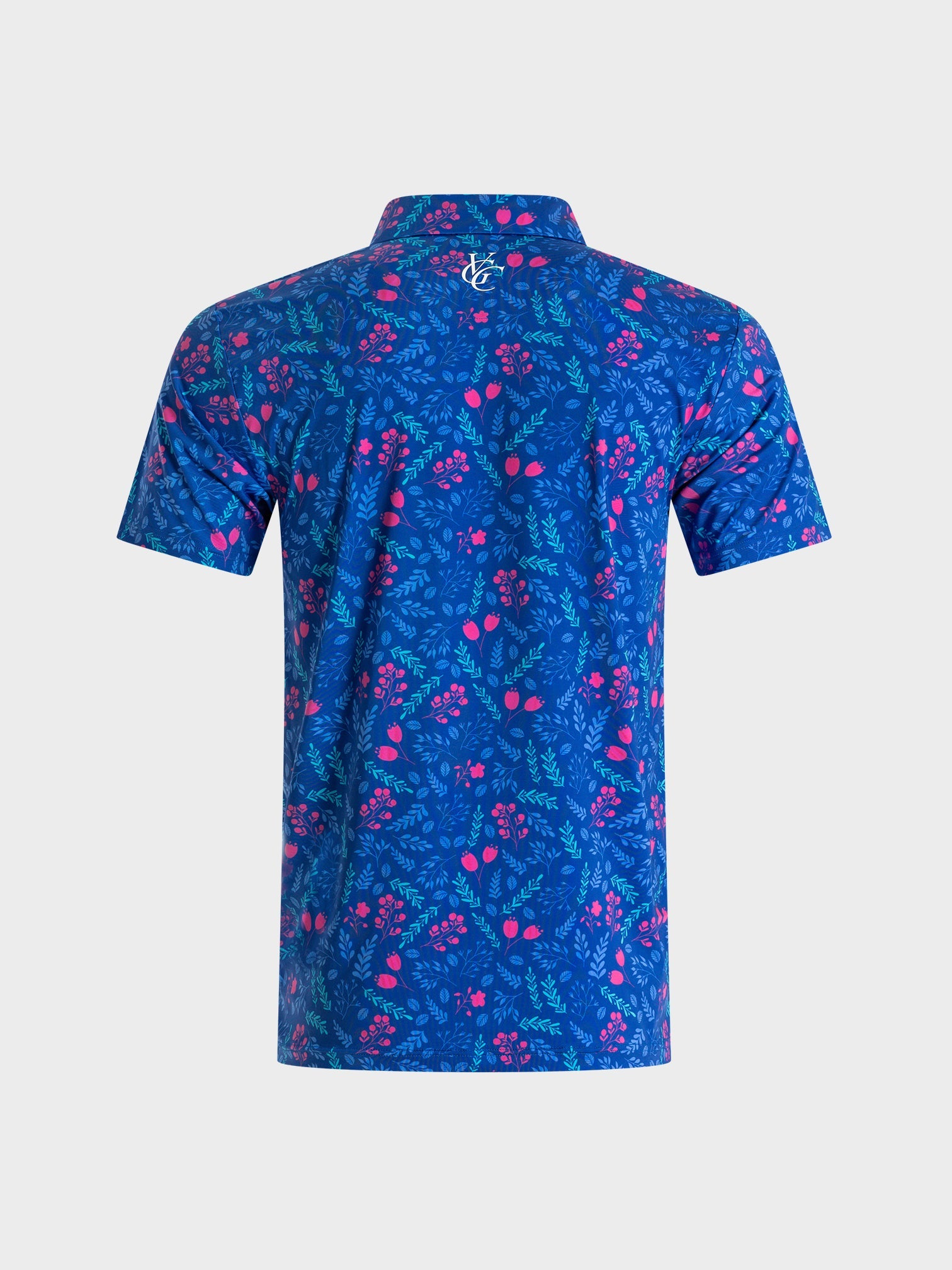 The Gatsby blue floral patterned polo shirt by VittoriaGolfco, back view