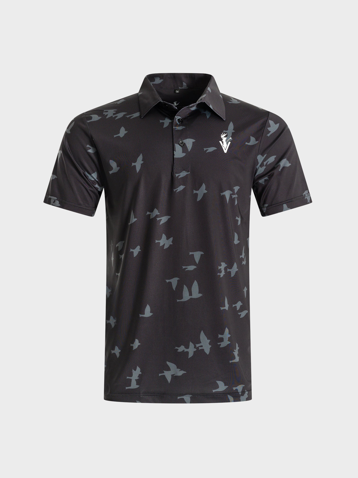 Black golf polo shirt with subtle flock bird pattern and collar from VittoriaGolfco